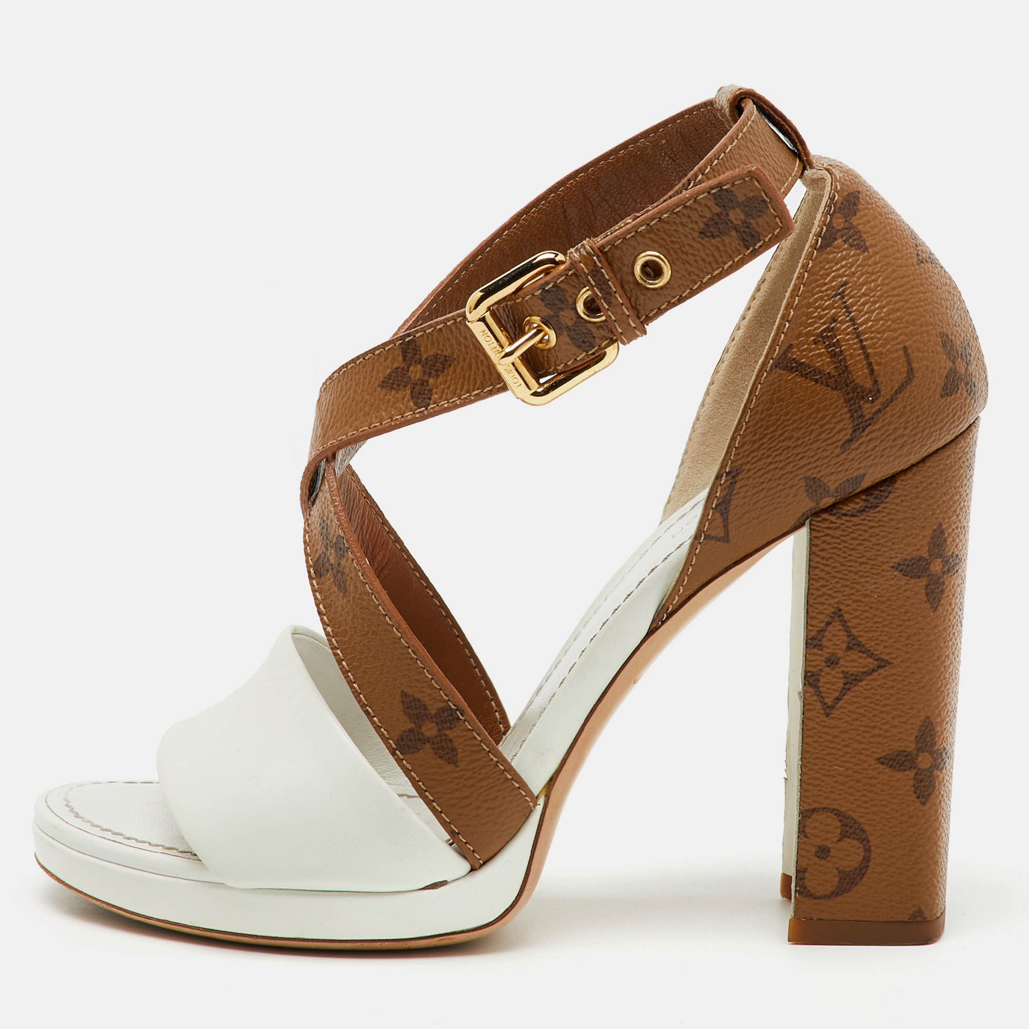 Pre Owned Louis Vuitton White/Brown Leather and Reverse Monogram Canvas Matchmake Sandals Size 36