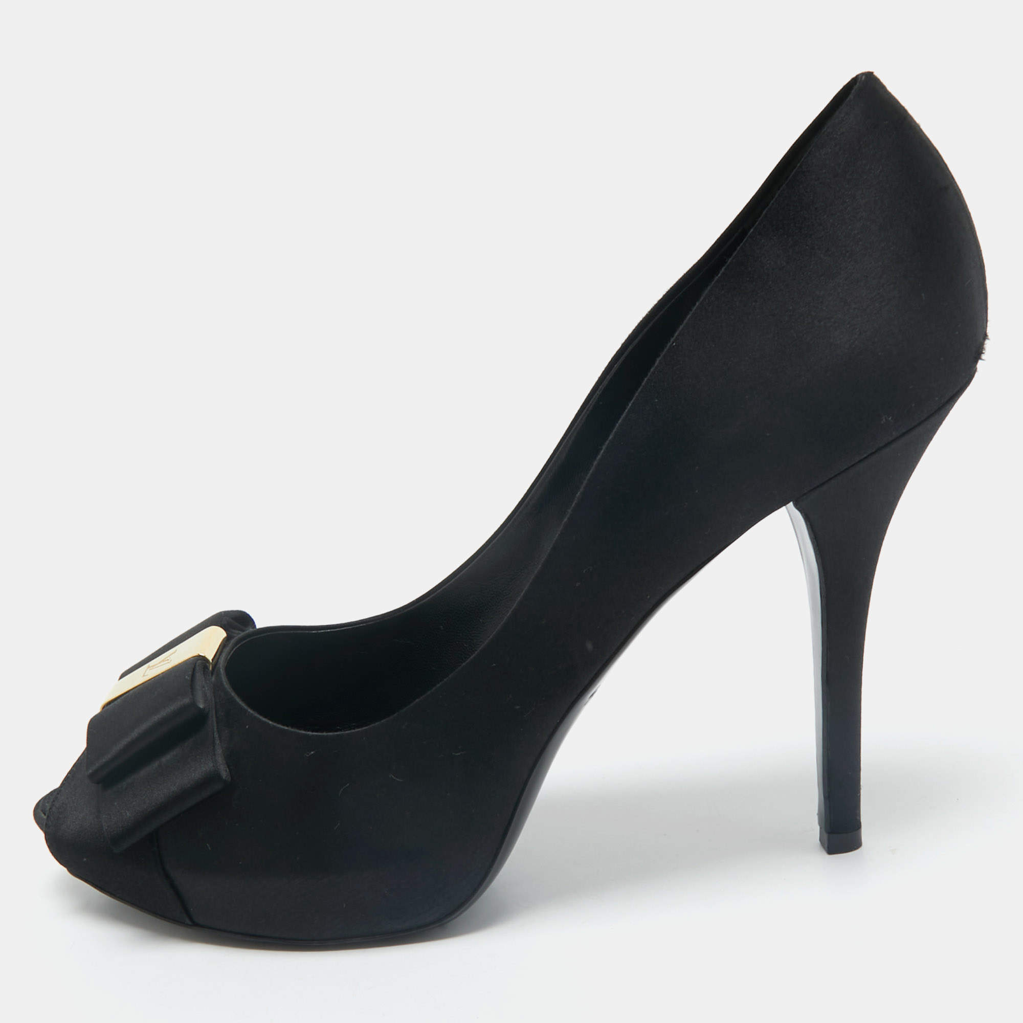 Louis Vuitton Black Satin Peep Toe Platform Pumps Size 40.5