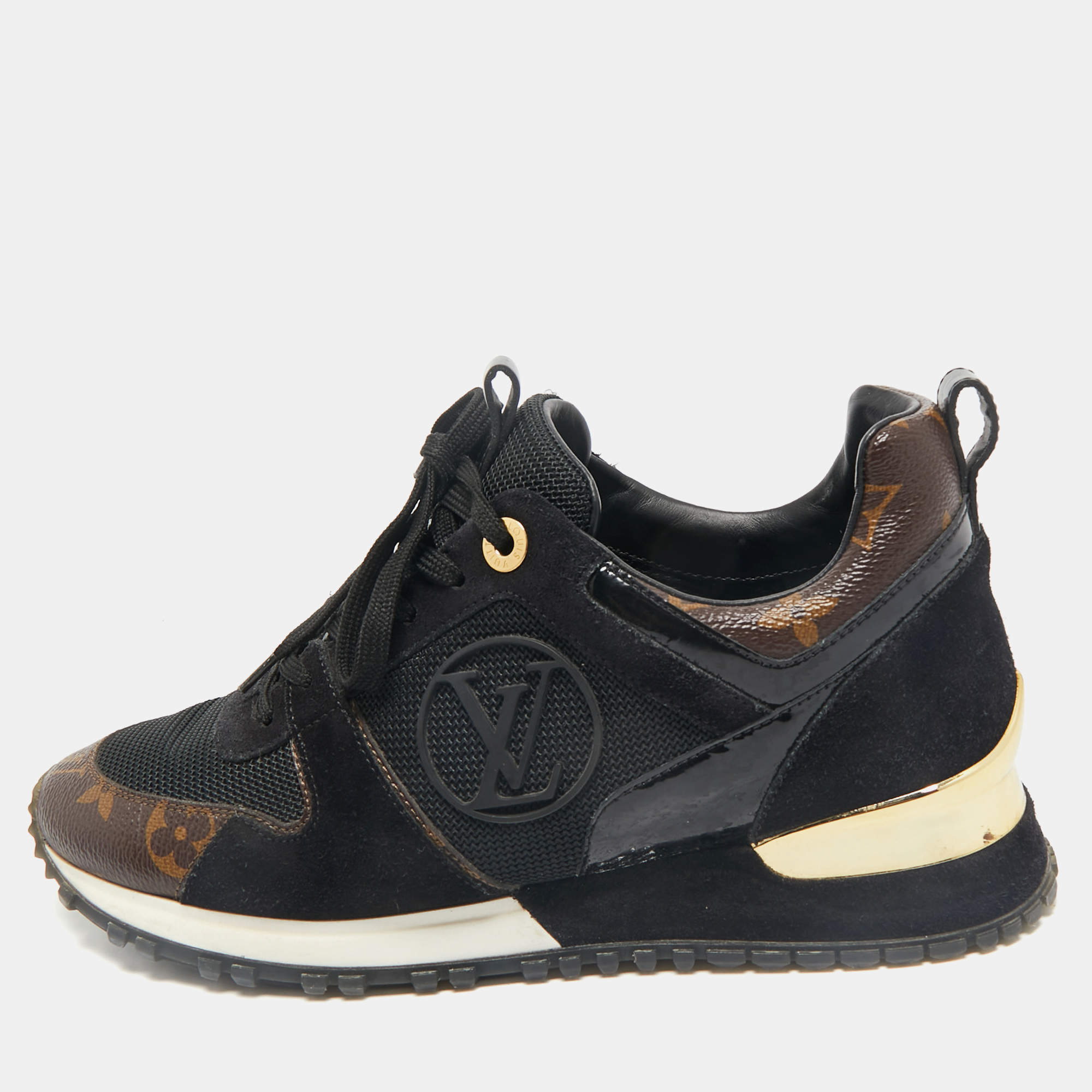 Louis Vuitton Black/Brown Monogram Canvas and Suede Run Away Lace Up Sneakers Size 36