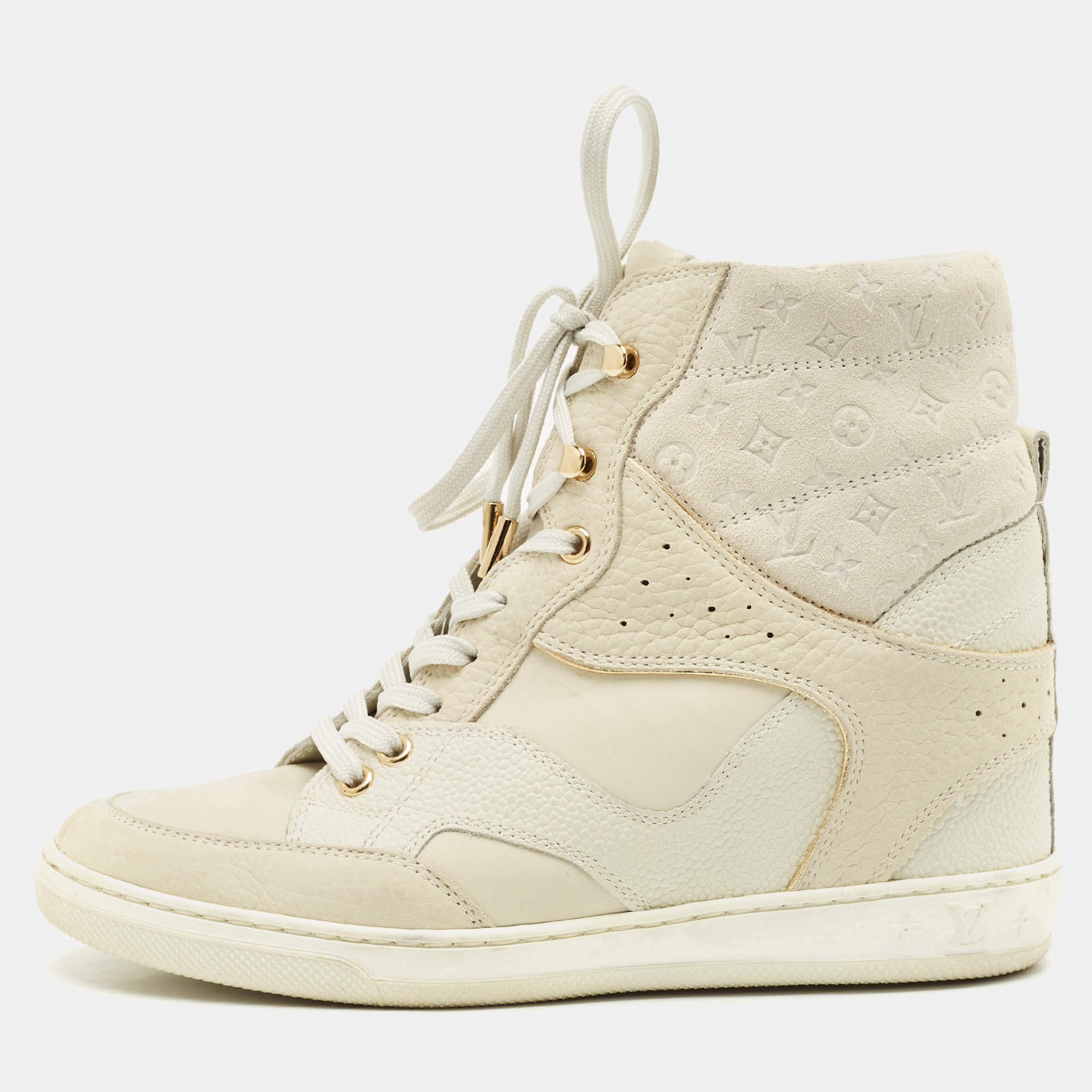 Louis Vuitton Beige Monogram Suede and Leather Millennium Wedge Sneakers Size 37