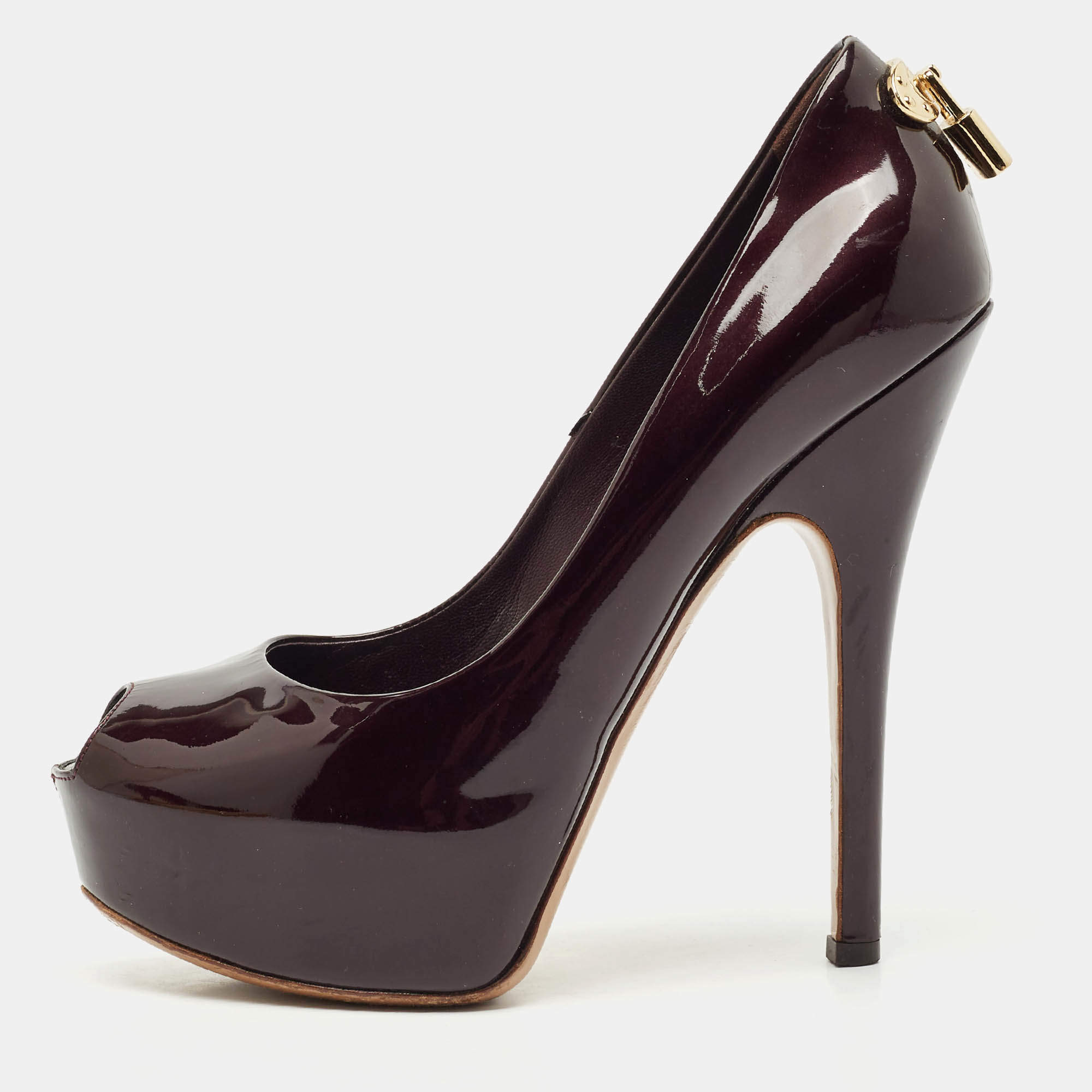 Louis Vuitton Burgundy Patent Leather Oh Really! Platform Peep Toe Pumps Size 37.5