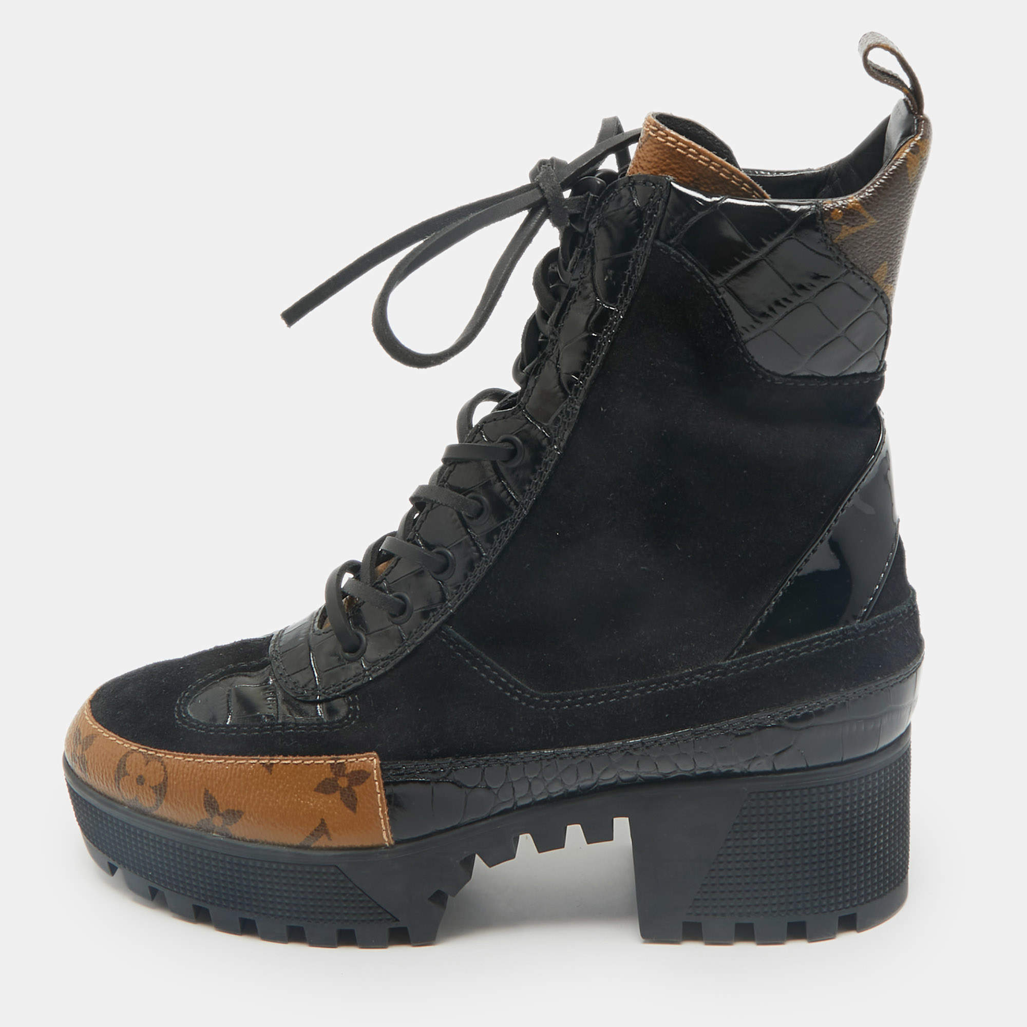 Pre Owned Louis Vuitton Black Suede and Monogram Canvas Laureate Desert Boots Size 39