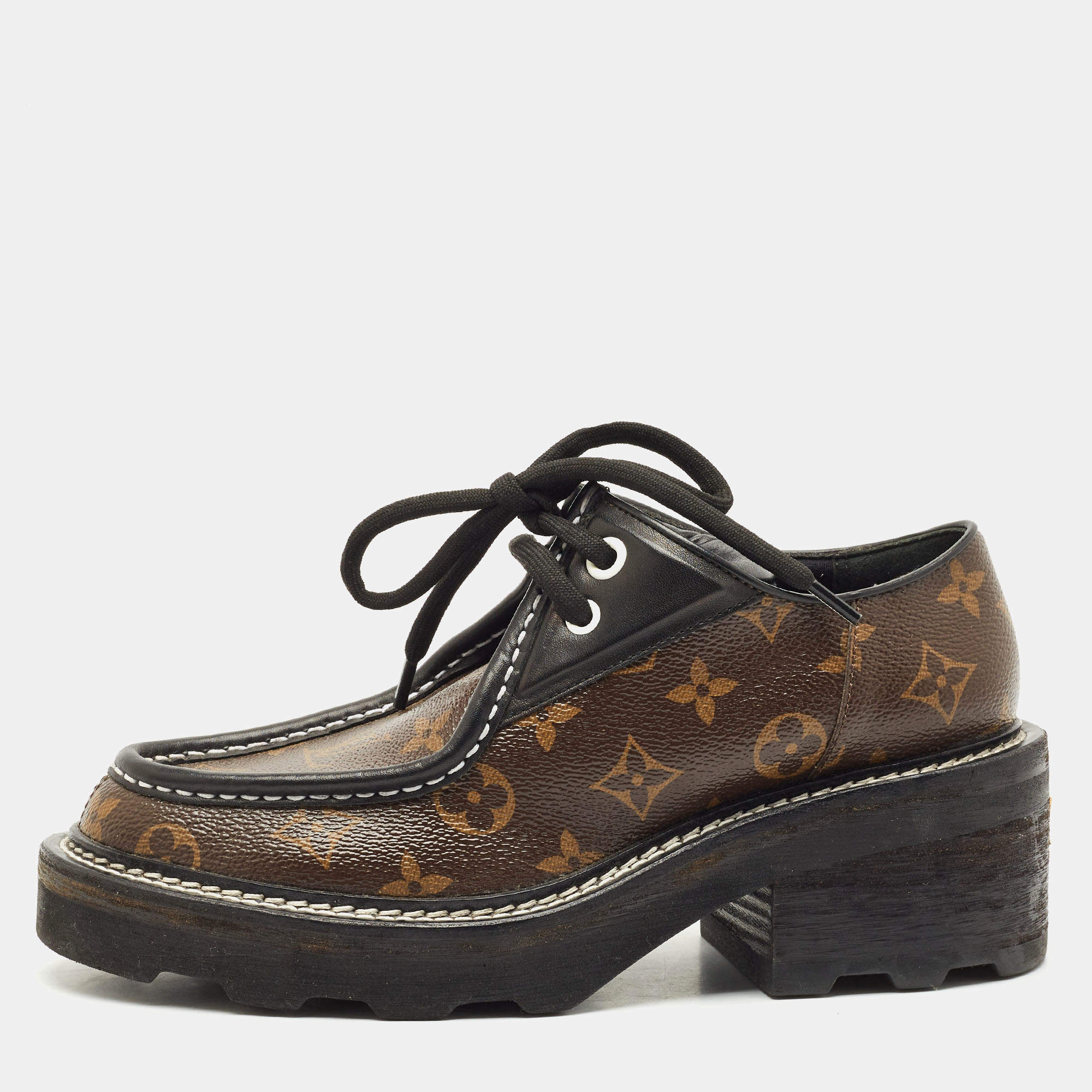 Louis Vuitton Black/Brown Leather And Coated Canvas Beaubourg Platform Derby Size 38