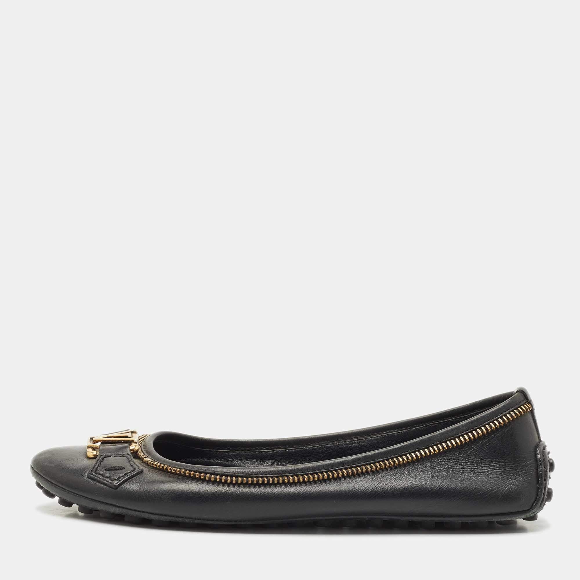 Louis Vuitton Black Leather Zipper Trim Oxford Ballet Flats Size 36