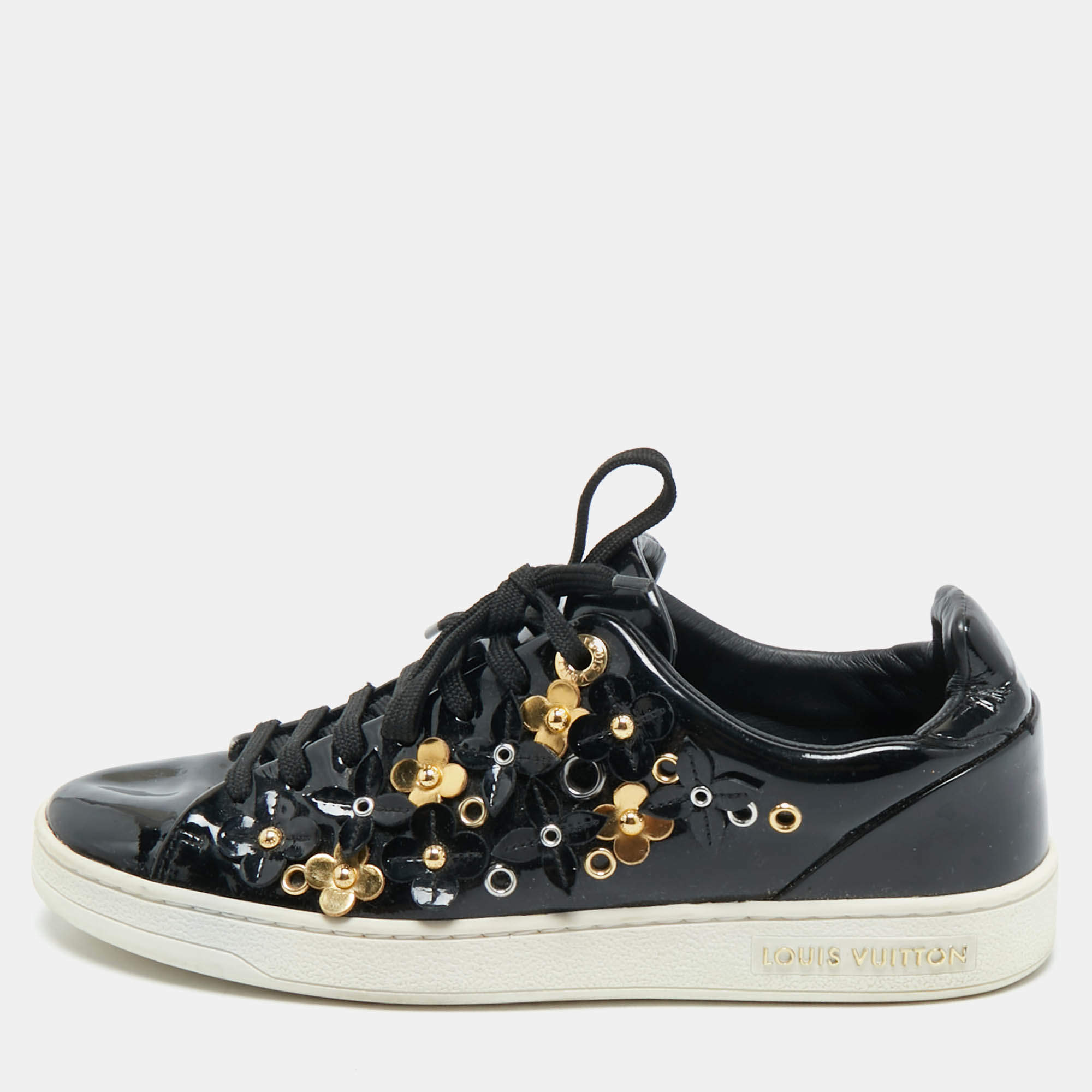 Louis Vuitton Black Patent Leather Blossom Floral Embellished Frontrow Sneakers Size 36