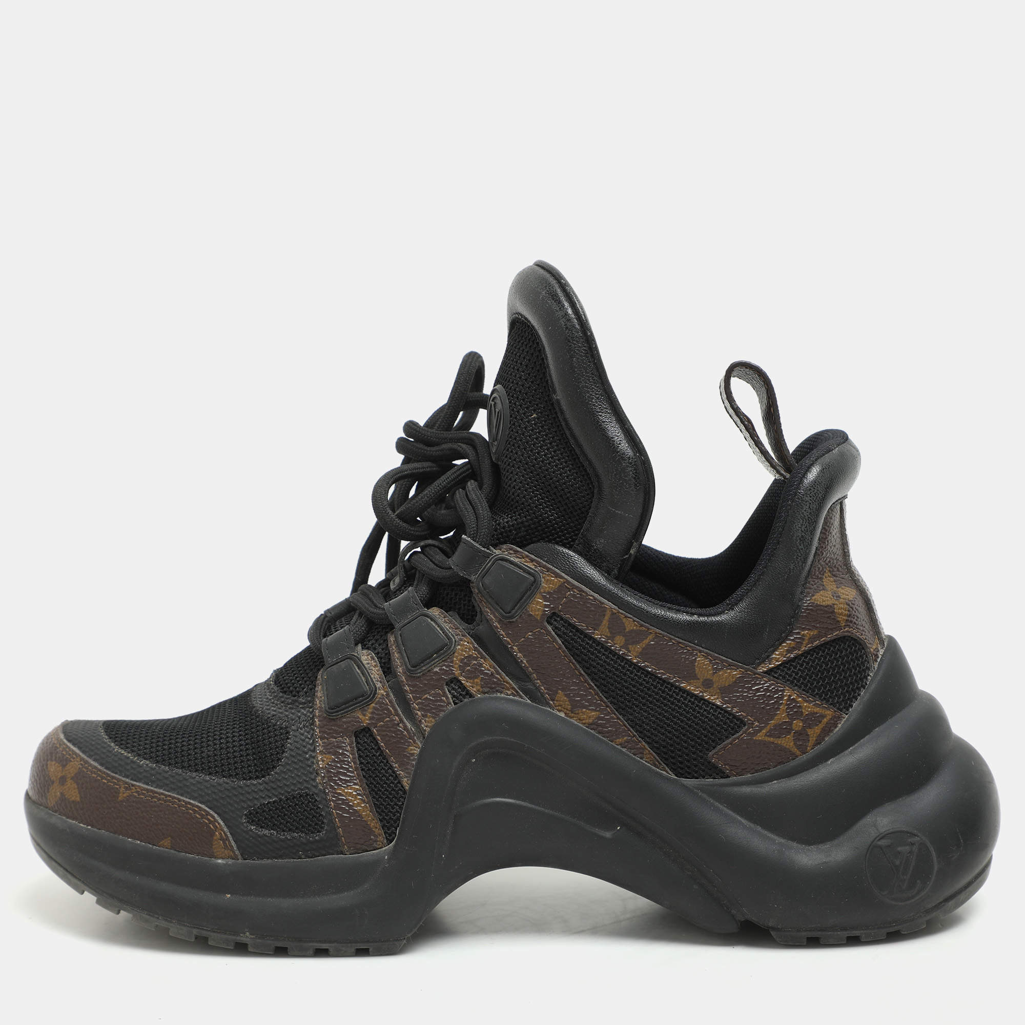 Louis Vuitton Black/Brown Satin, Mesh, Leather and Monogram Canvas Archlight Low-Top Sneakers Size 38