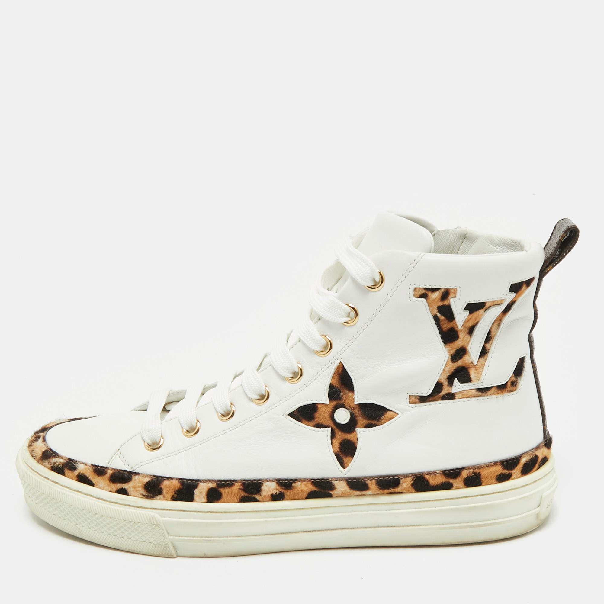 Pre Owned Louis Vuitton White Calf Hair and Leather Stellar High Top Sneakers Size 36