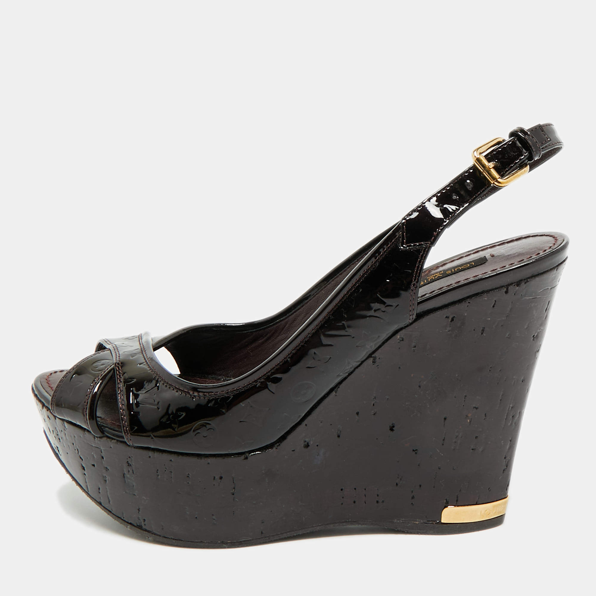 Louis Vuitton Burgundy Patent Leather Pantheon Wedge Sandals Size 37.5