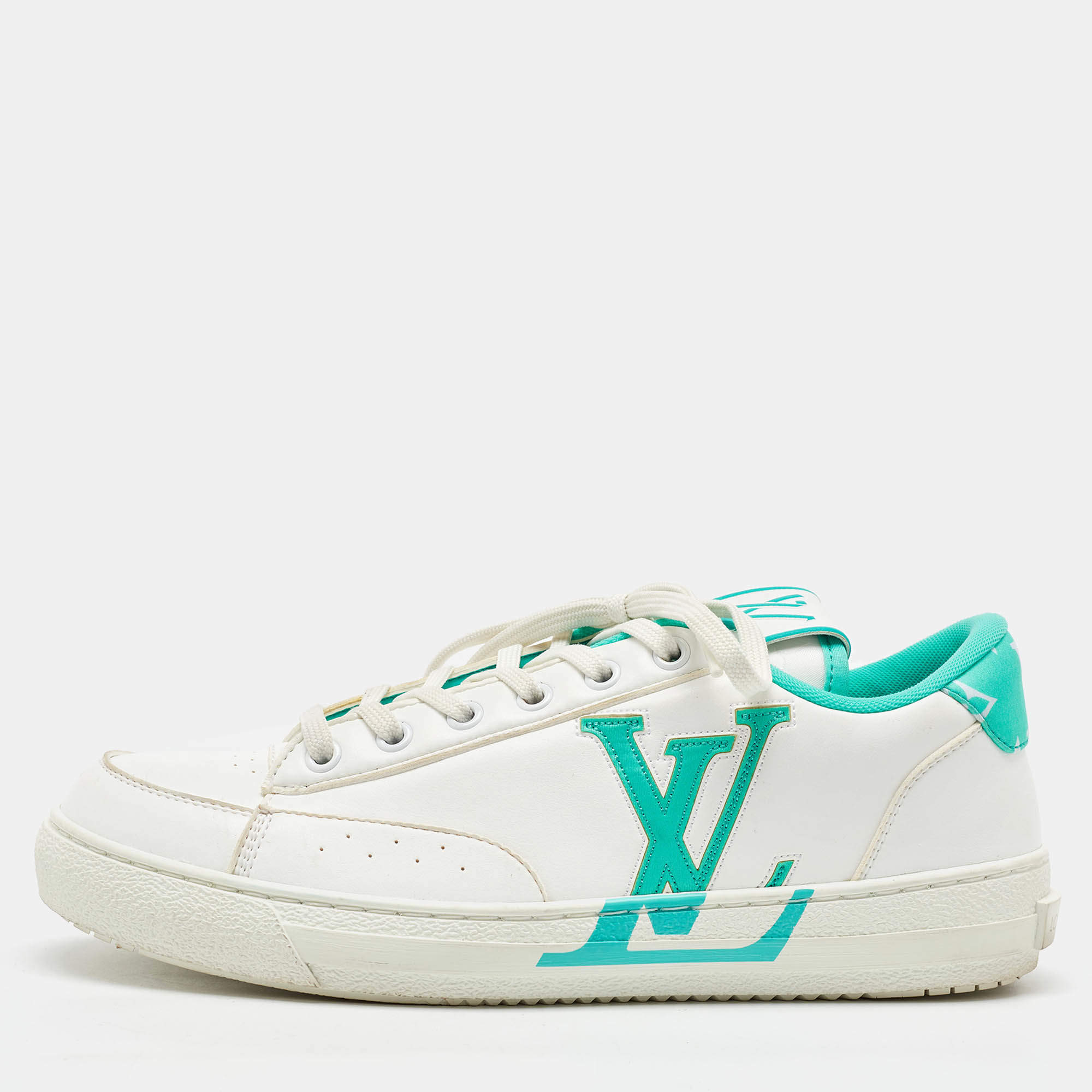 Pre Owned Louis Vuitton White/Green Leather Charlie Low Top Sneakers Size 38.5