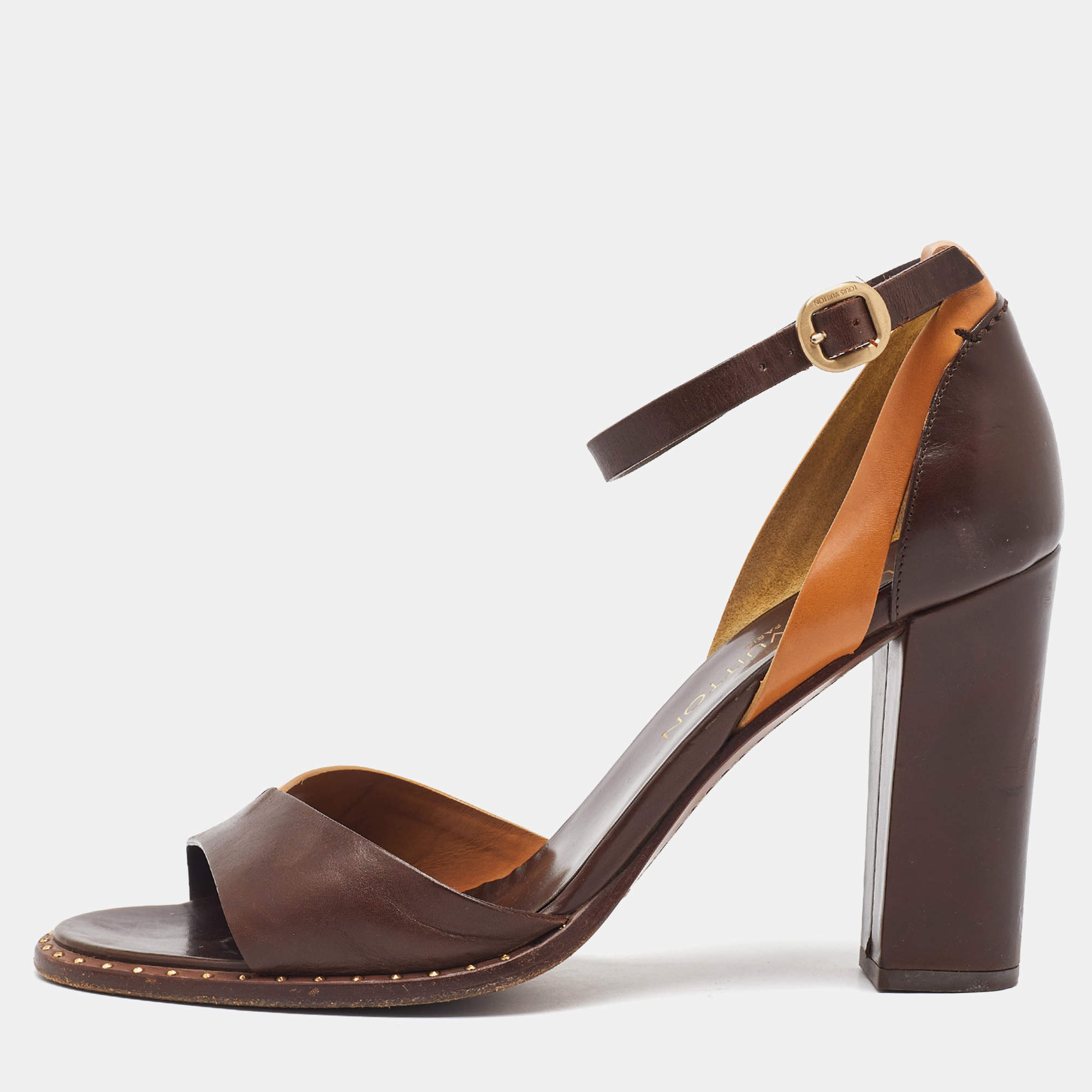 Pre Owned Louis Vuitton Brown/Tan Leather Ankle Strap Sandals Size 38.5