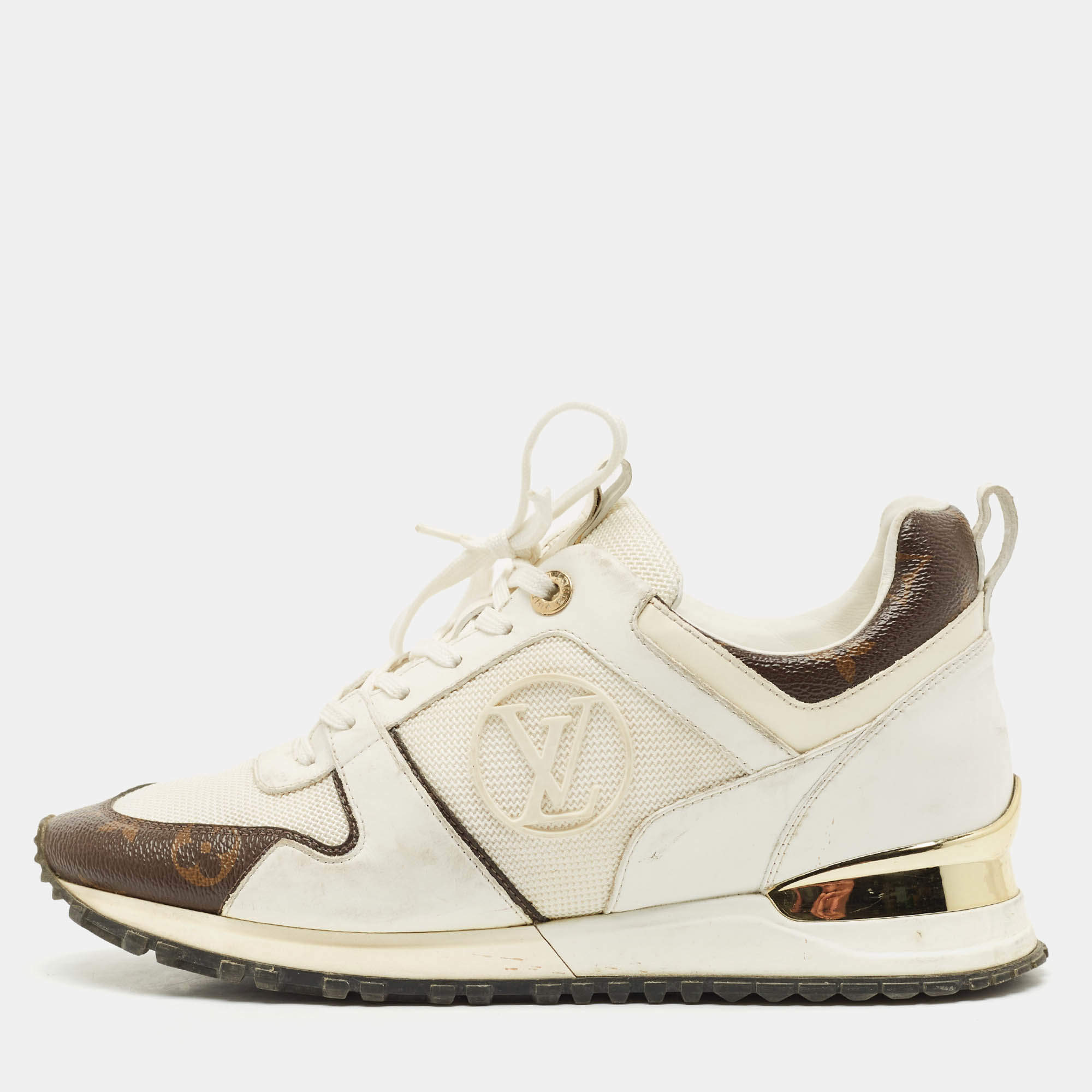 Pre Owned Louis Vuitton White/Brown Monogram Canvas and Leather Run Away Sneakers Size 38.5
