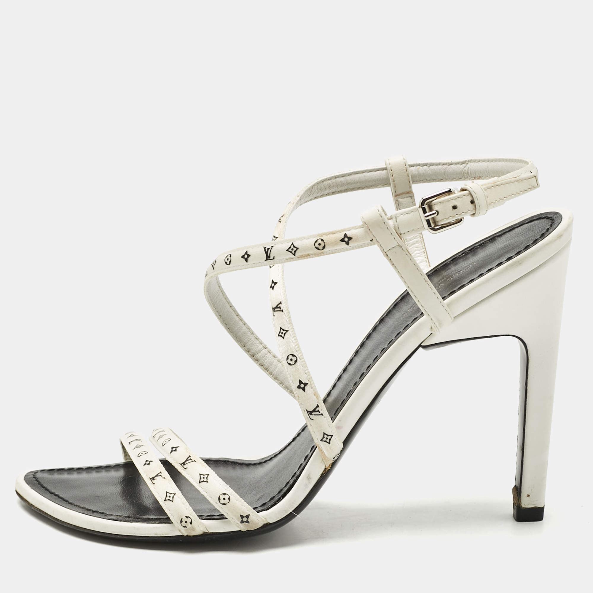 Pre Owned Louis Vuitton White Monogram Leather Citizen Ankle Strap Sandals Size 38