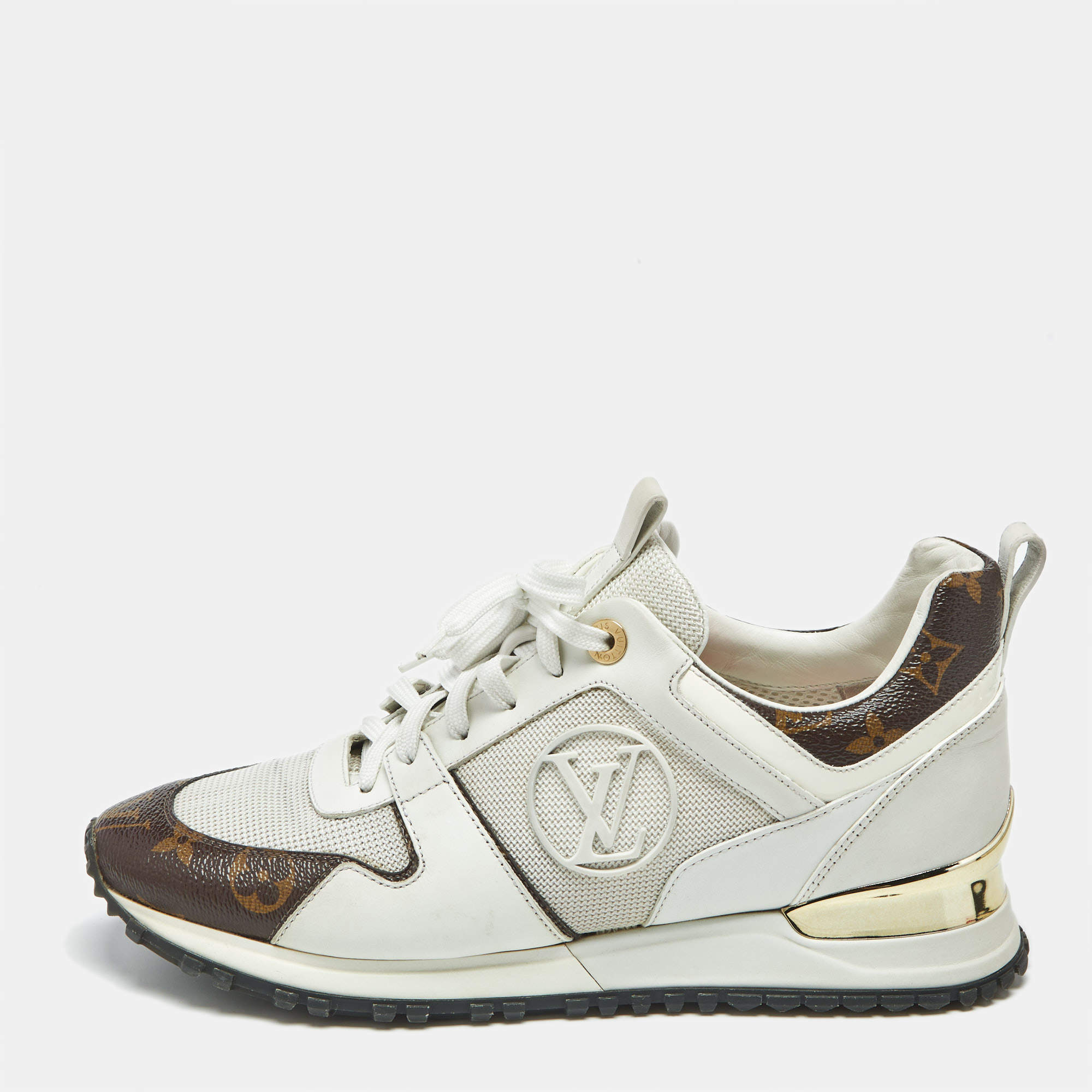 Pre Owned Louis Vuitton White Leather and Monogram Canvas Run Away Sneakers Size 38.5