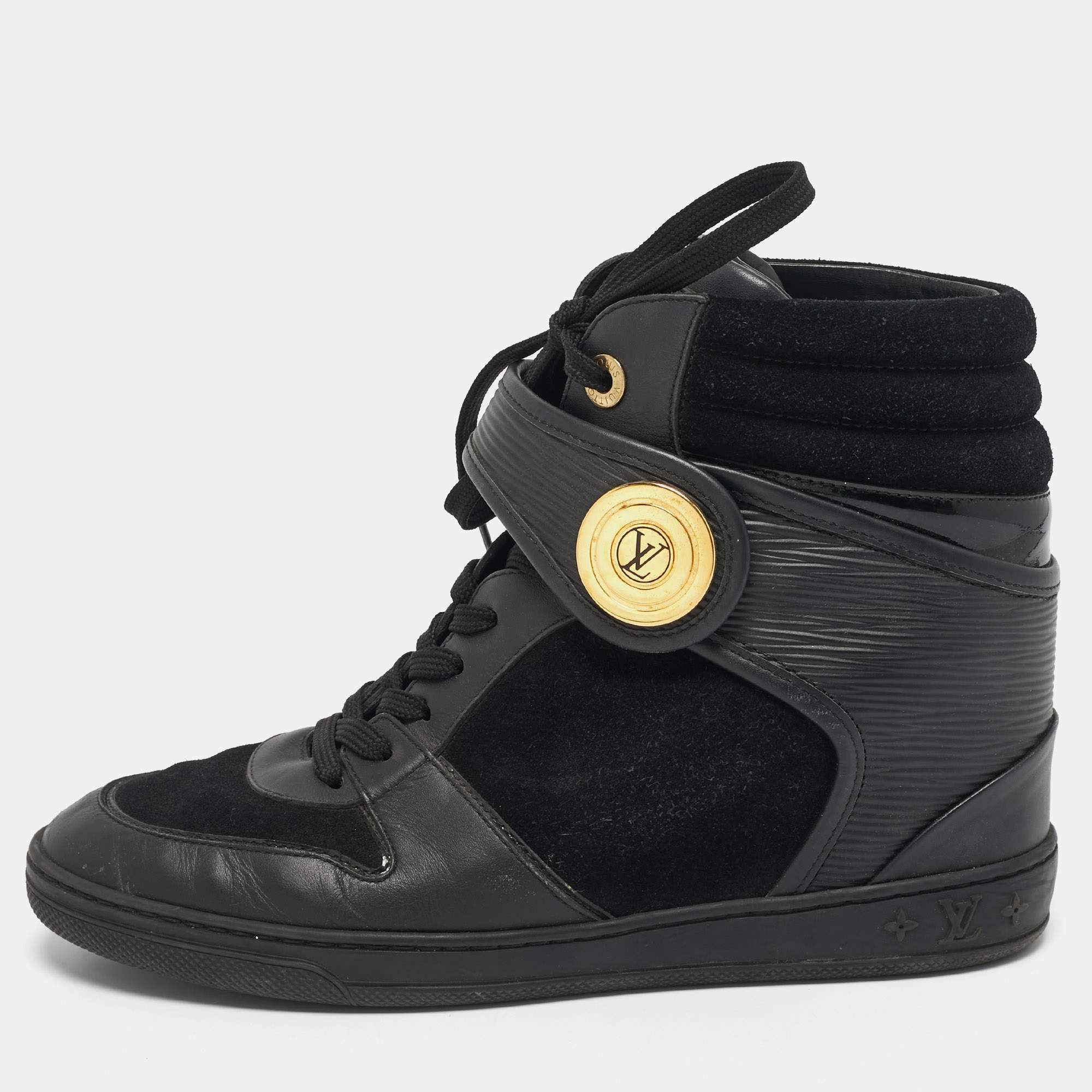 Pre Owned Louis Vuitton Black Leather and Patent Leather High Top Sneakers Size 38.5