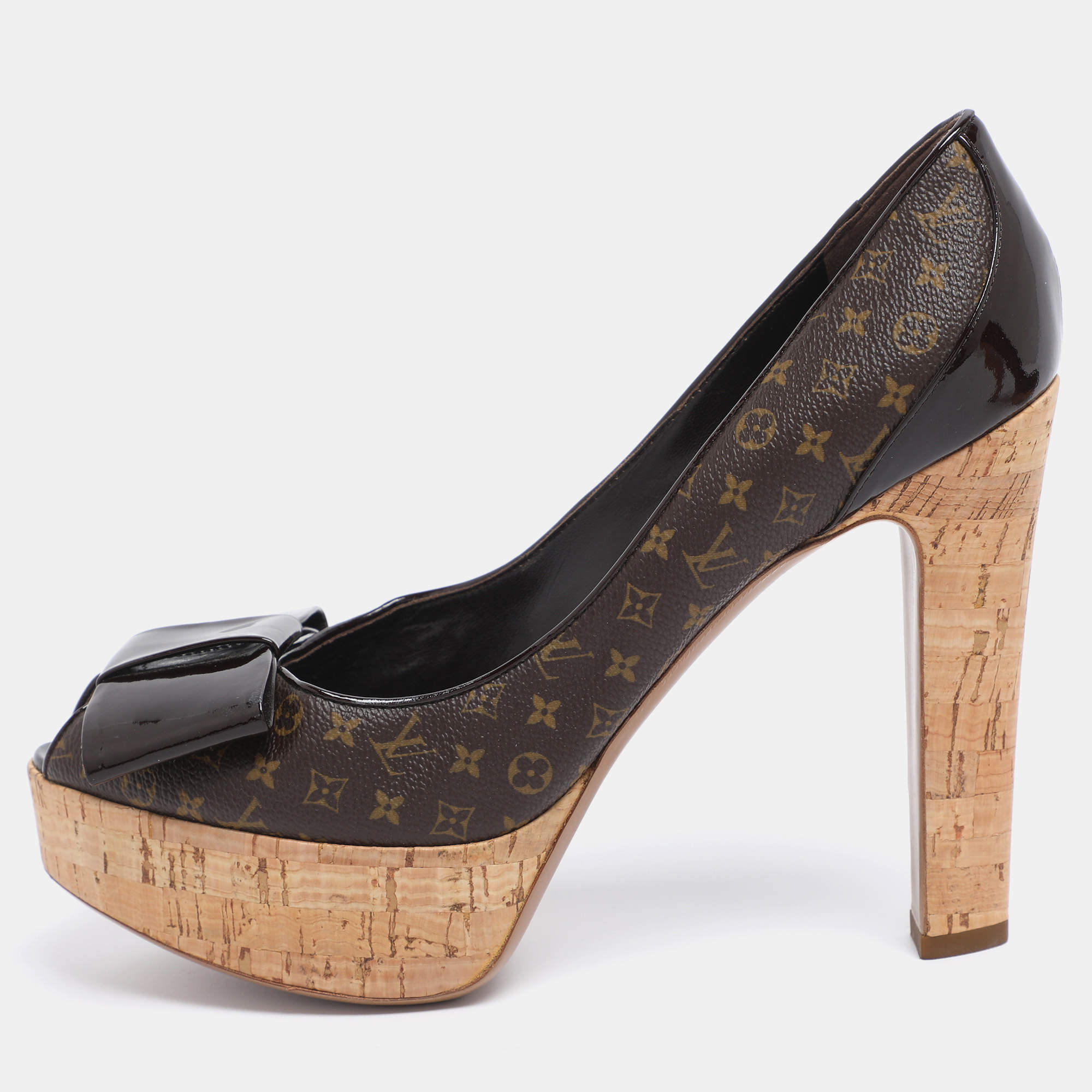 Pre Owned Louis Vuitton Brown Monogram Canvas And Patent Leather Rivoli Cork Peep Toe Platform Pumps 41