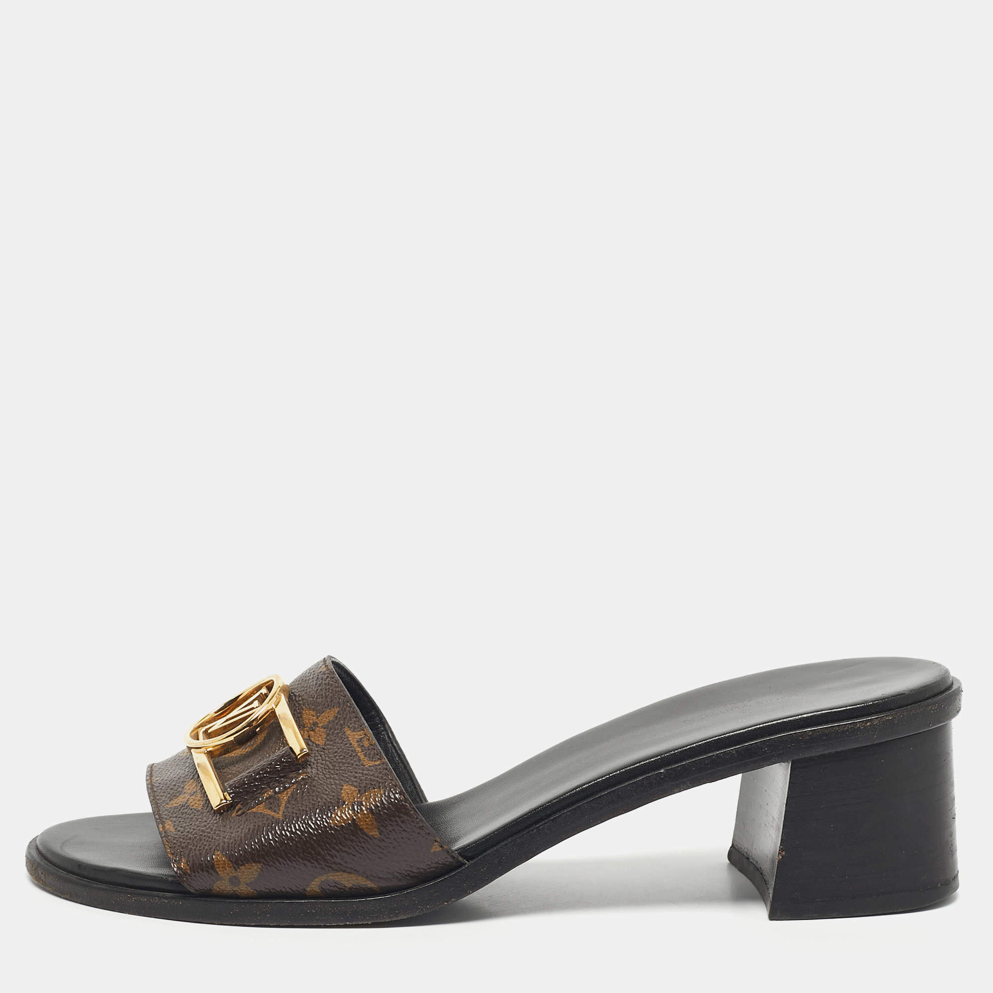 Pre Owned Louis Vuitton Brown Monogram Canvas Lock It Slide Sandals Size 40