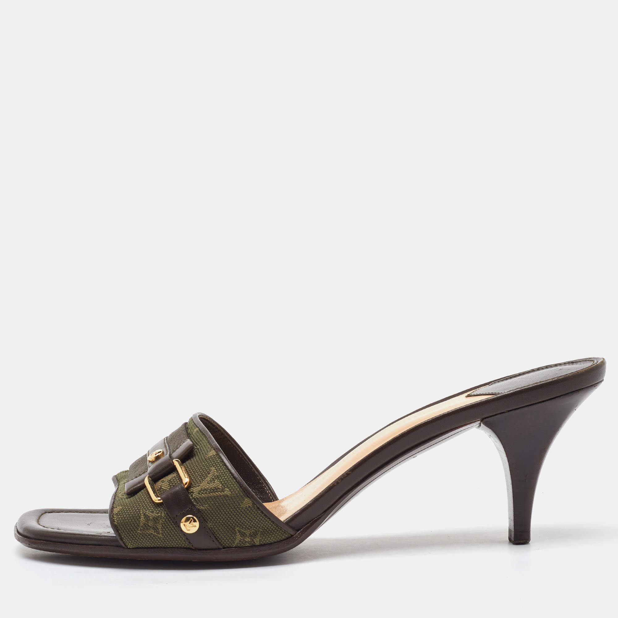 Pre Owned Louis Vuitton Green/Brown Canvas and Leather Open Toe Slide Sandals Size 38.5