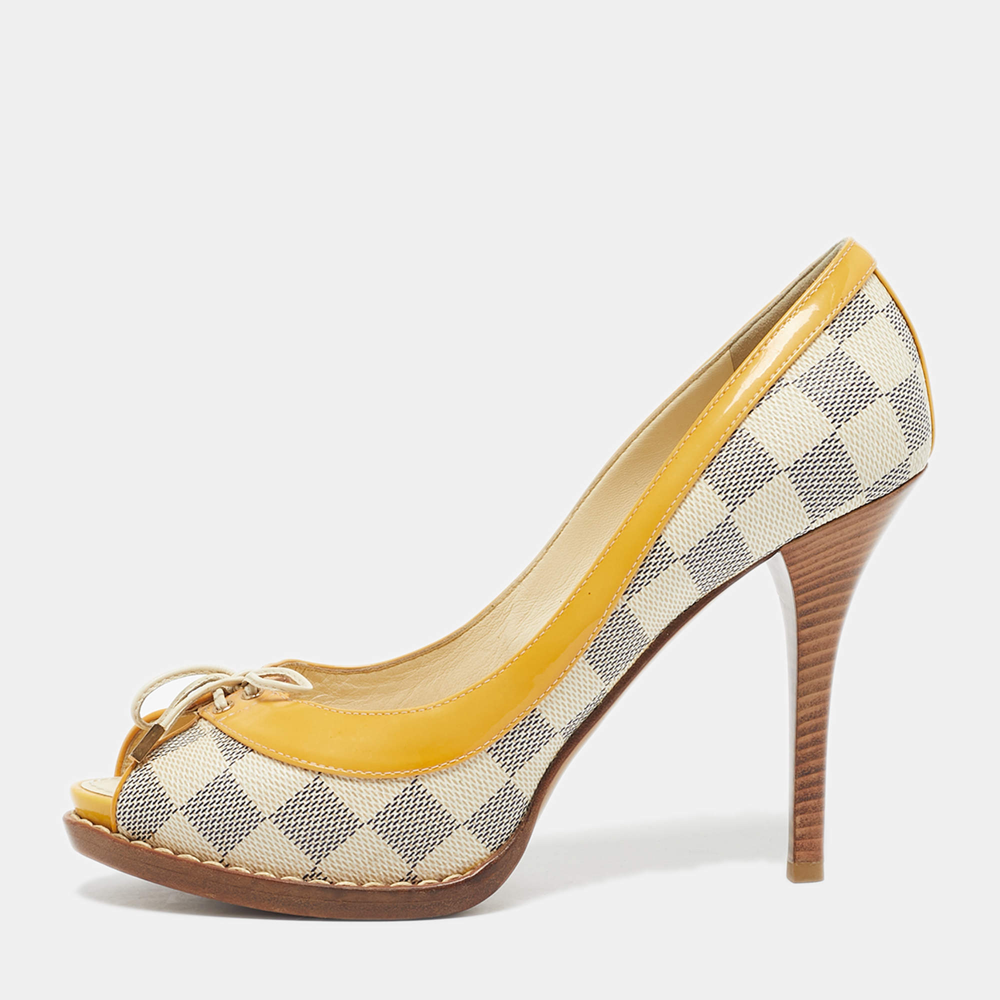Pre Owned Louis Vuitton Yellow Damier Azur Canvas And Patent Peep Toe Pumps Size 37.5