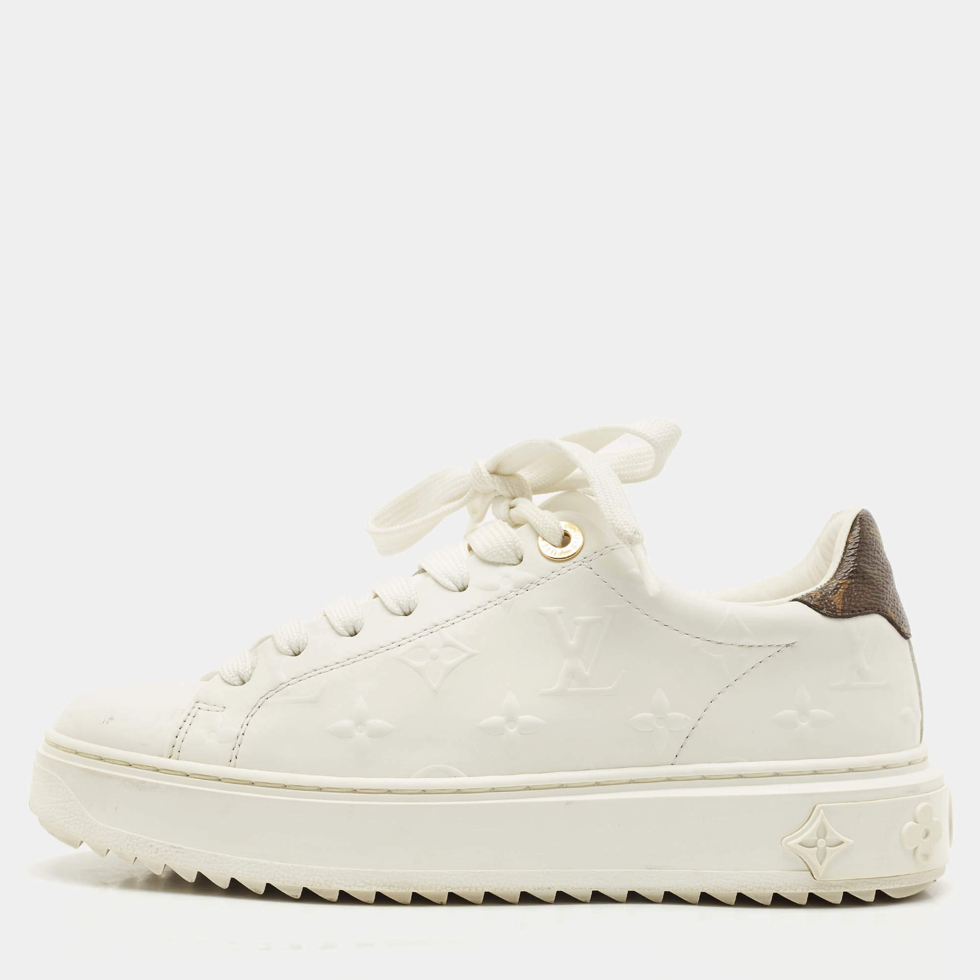 Pre Owned Louis Vuitton White Embossed Monogram Leather Time Out Low Top Sneakers Size 36
