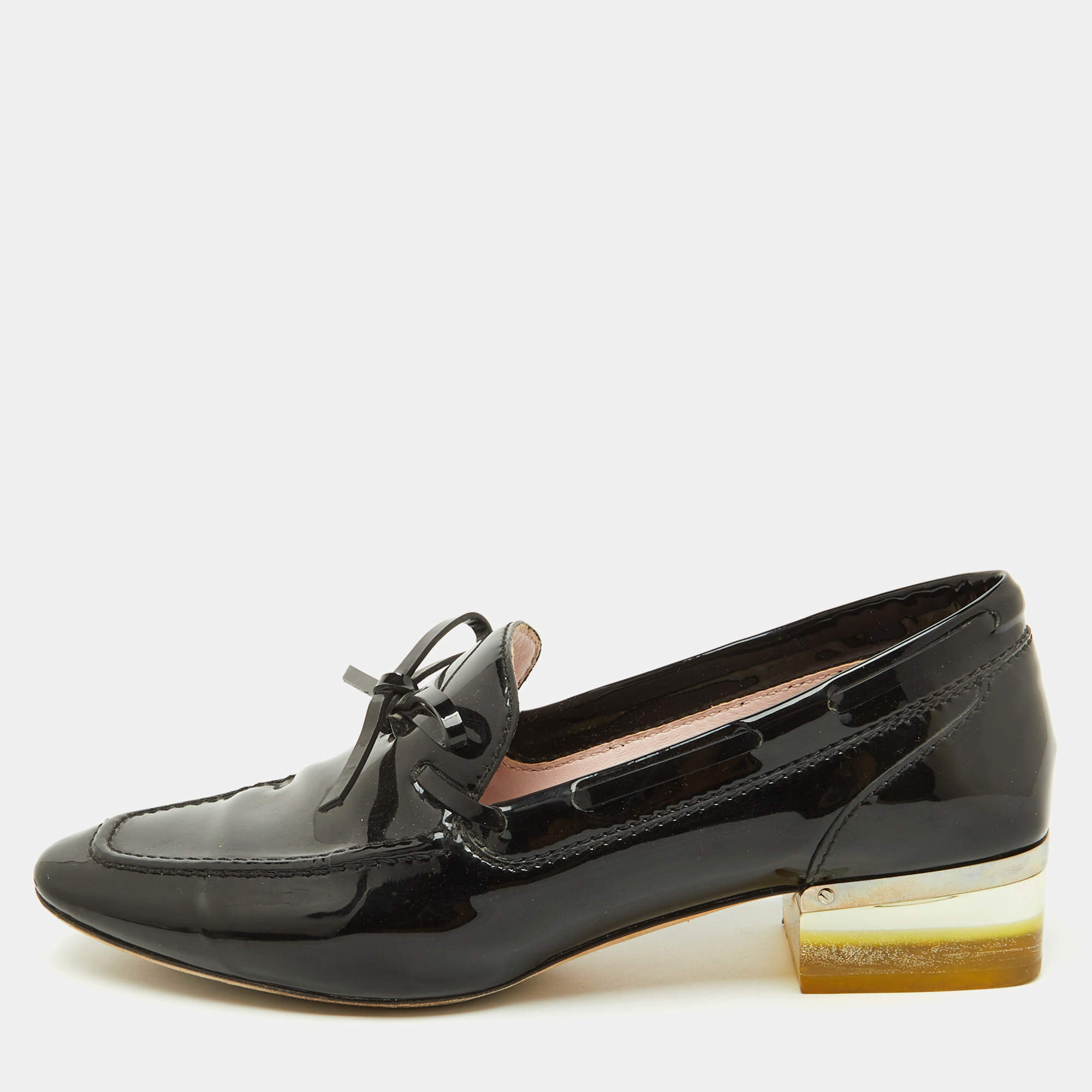 Pre Owned Dior Black Patent Leather Bow Slip On Loafer Pumps Size 37.5