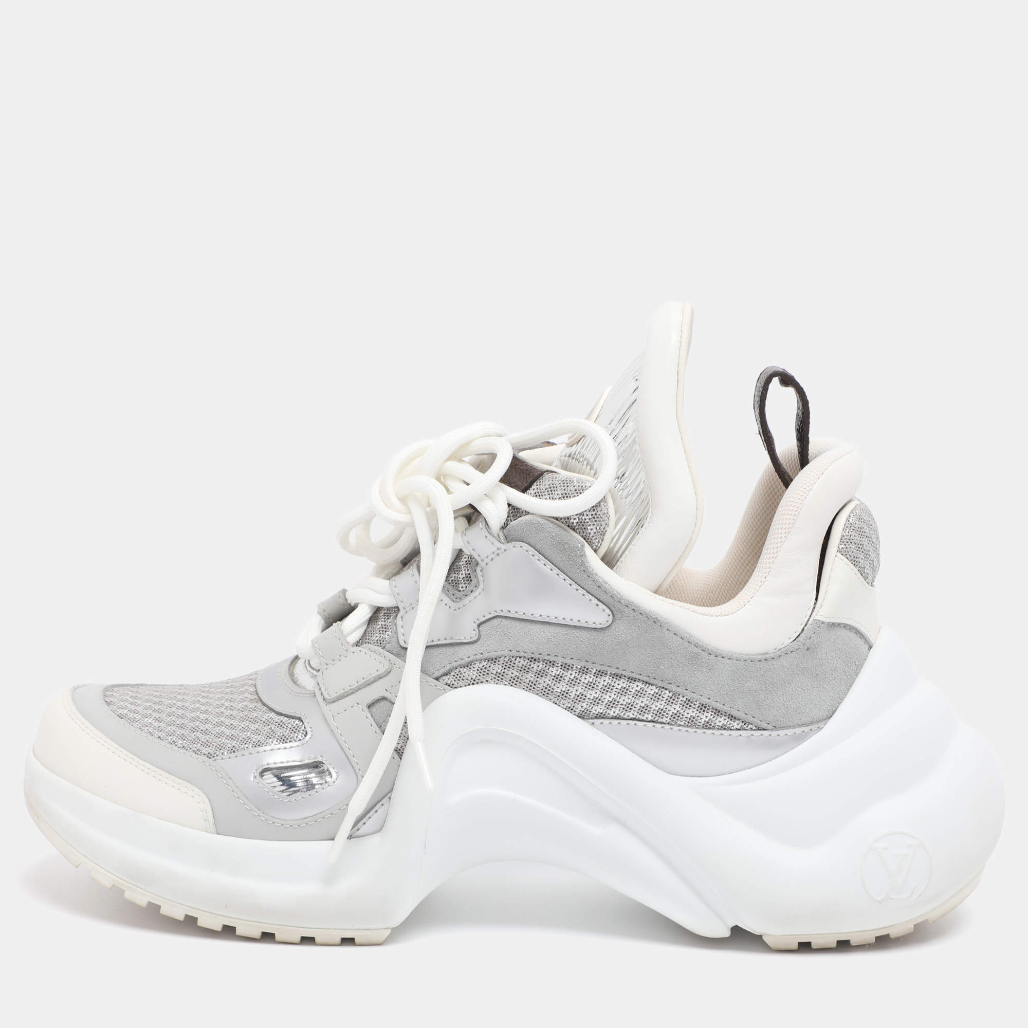 Pre Owned Louis Vuitton Grey/Silver Technical Nylon and Leather Archlight Sneakers Size 38.5