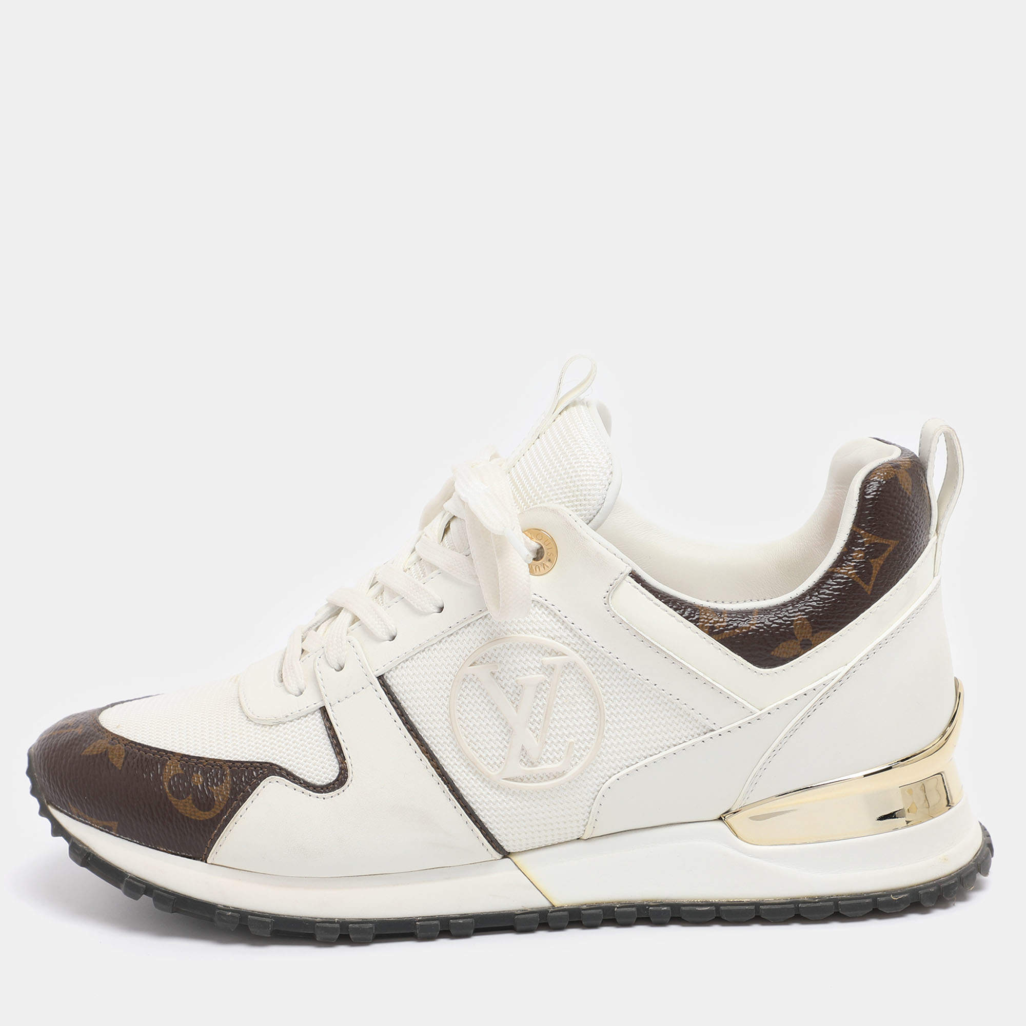 Pre Owned Louis Vuitton White/Brown Mesh and Monogram Canvas Run Away Sneakers Size 38