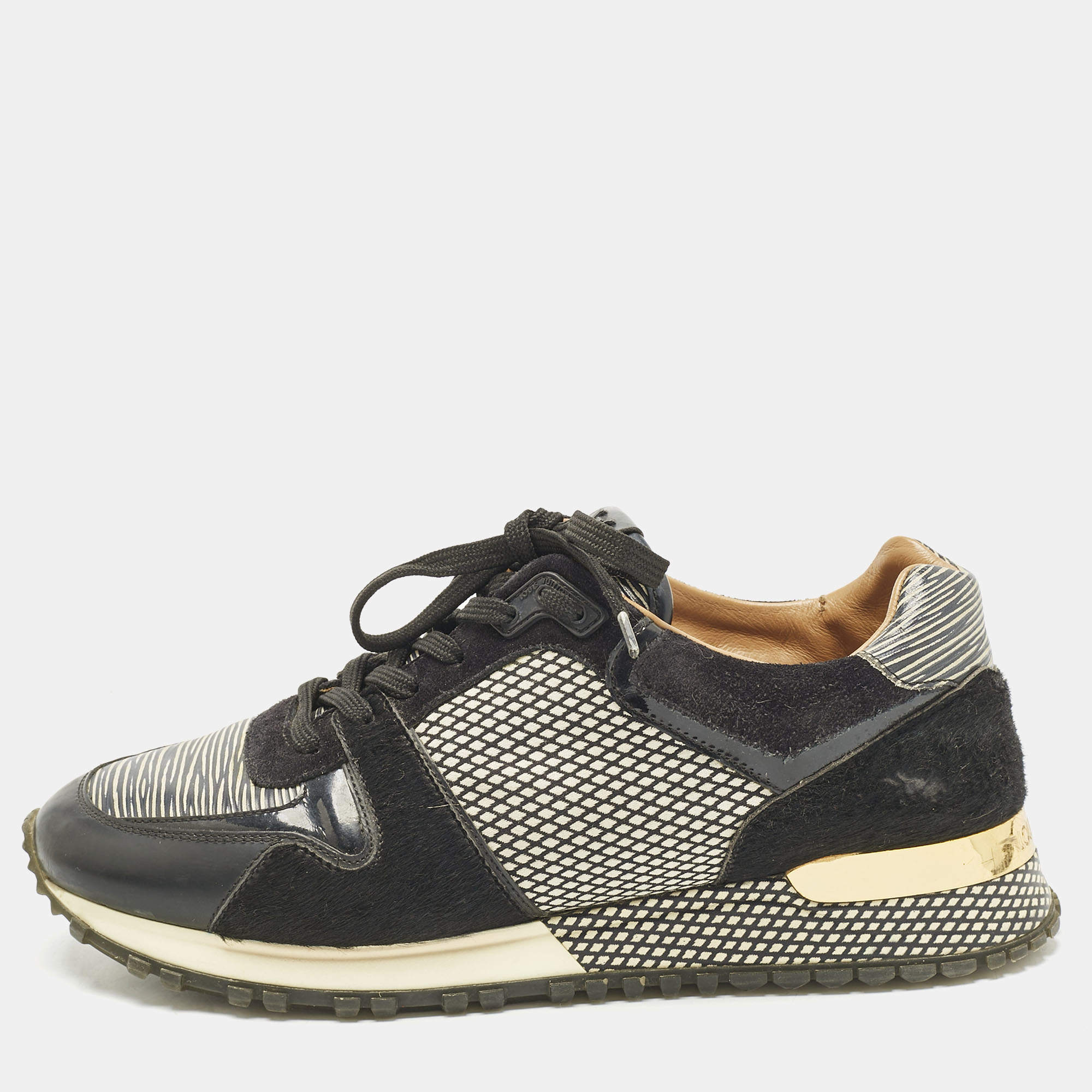 Pre Owned Louis Vuitton Black/White Calf Hair and Leather Run Away Lace Up Sneakers Size 37