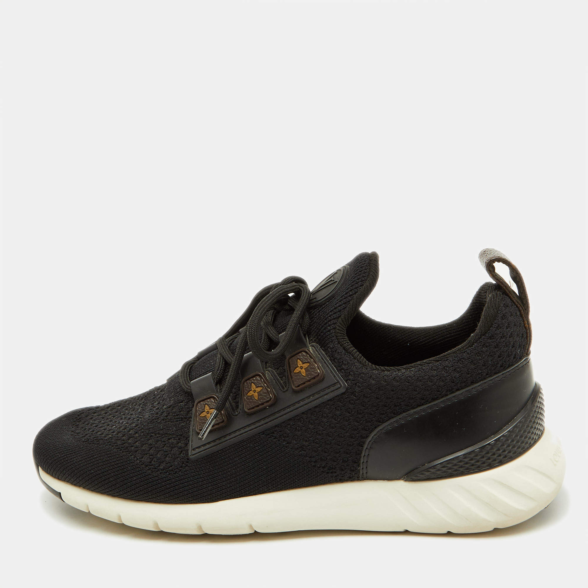 Pre Owned Louis Vuitton Black Knit Fabric and Monogram Canvas Aftergame Sneakers Size 38