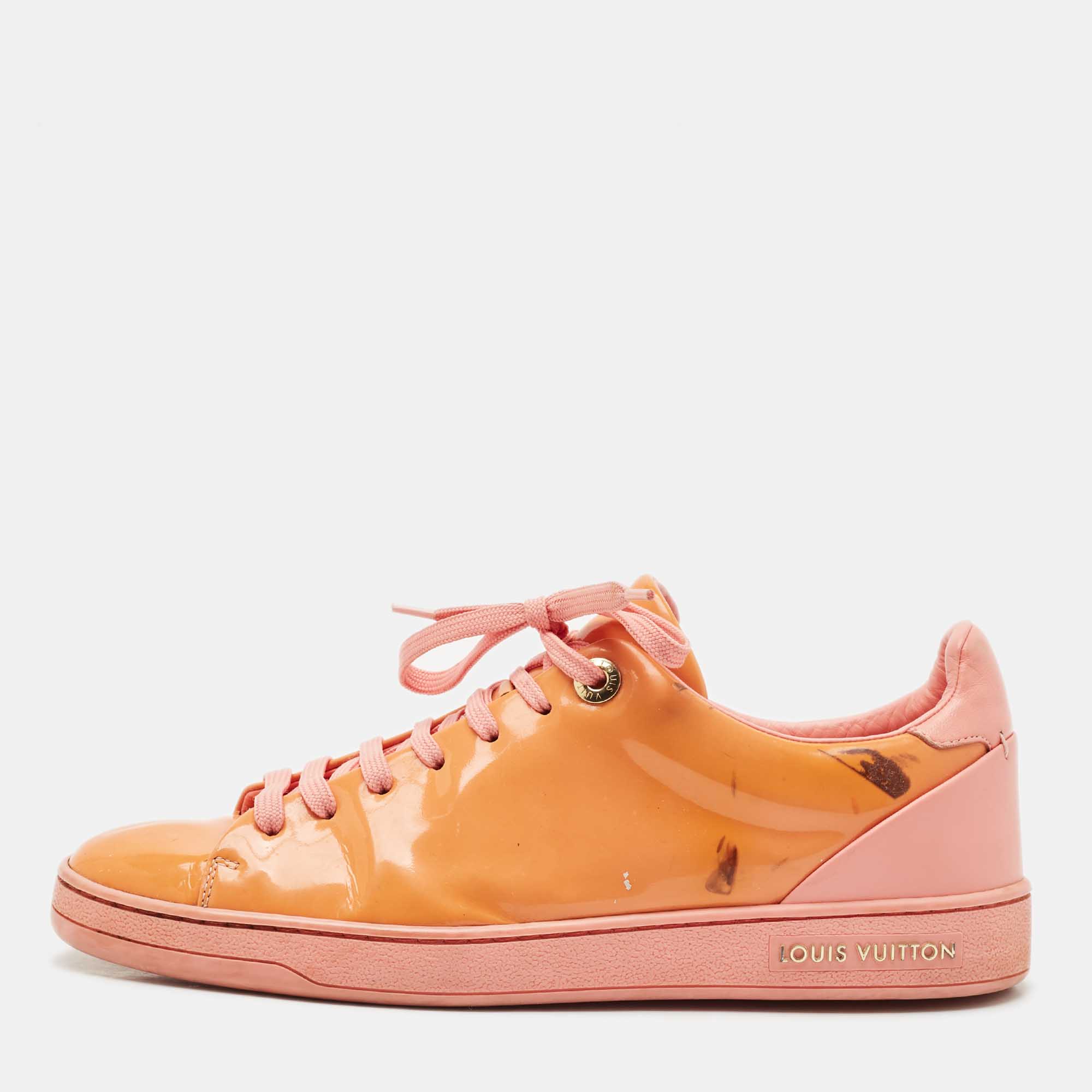 Pre Owned Louis Vuitton Pink/Orange Patent Leather Frontrow Sneakers Size 38