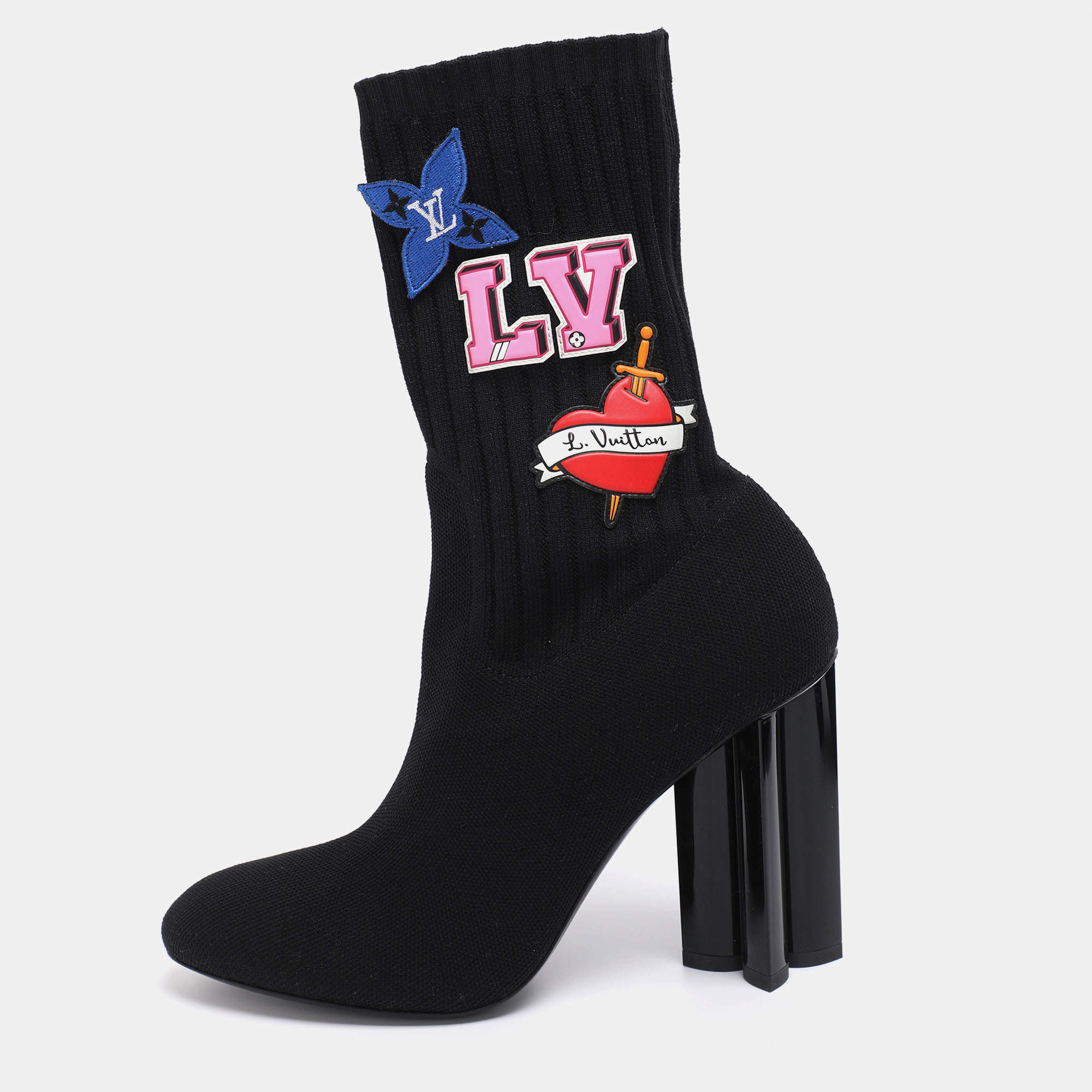 Pre Owned Louis Vuitton Black Knit Fabric LV Black Heart Sock Ankle Boots Size 38.5