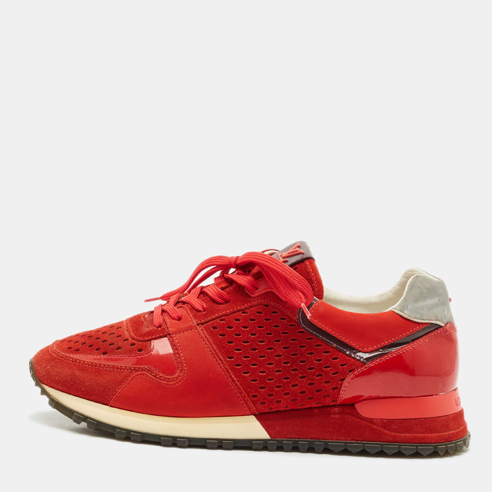 Pre Owned Louis Vuitton Red Patent Leather and Suede Run Away Lace Up Sneakers Size 38