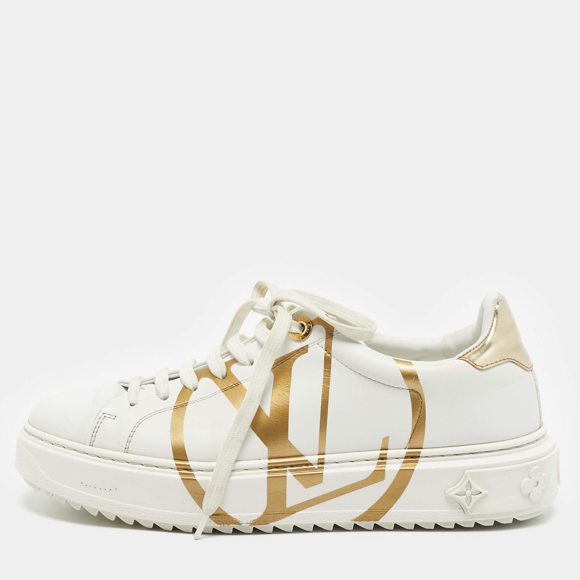 Pre Owned Louis Vuitton White Leather Time Out Low Top Sneakers Size 38