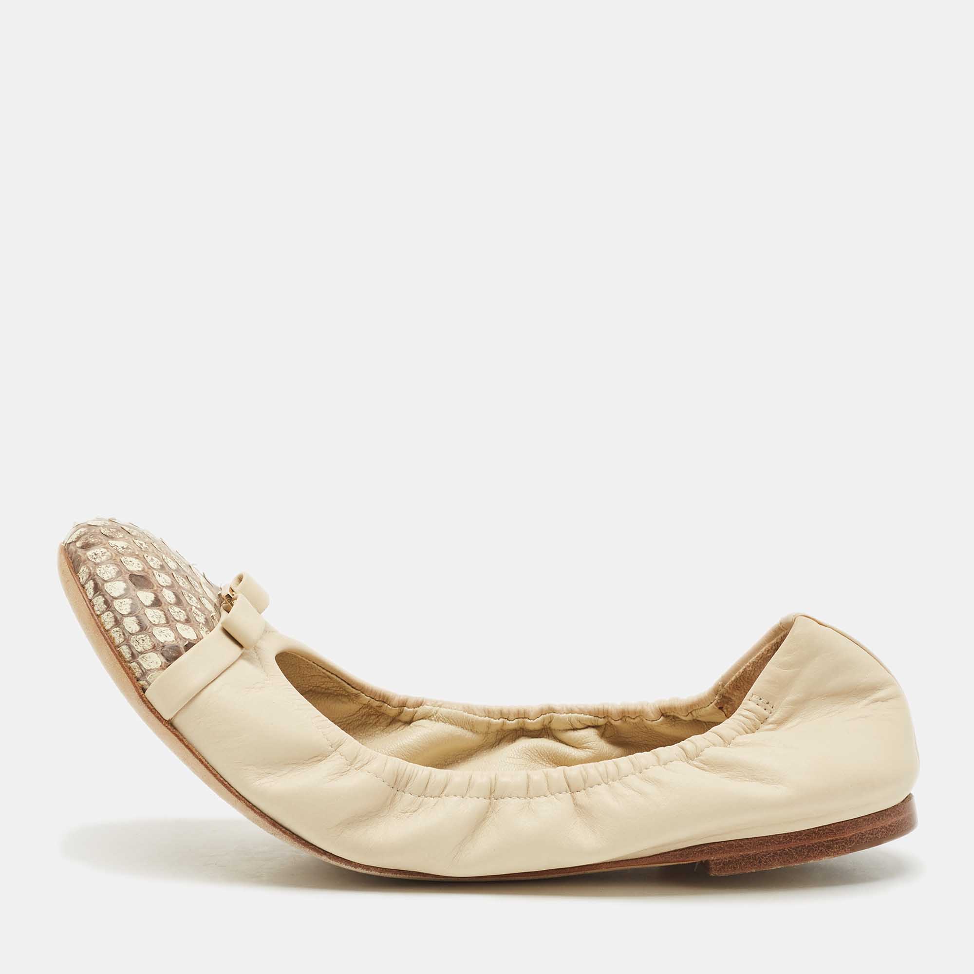 Pre Owned Louis Vuitton Off White Leather and Python Cap Toe Scrunch Ballet Flats Size 36.5