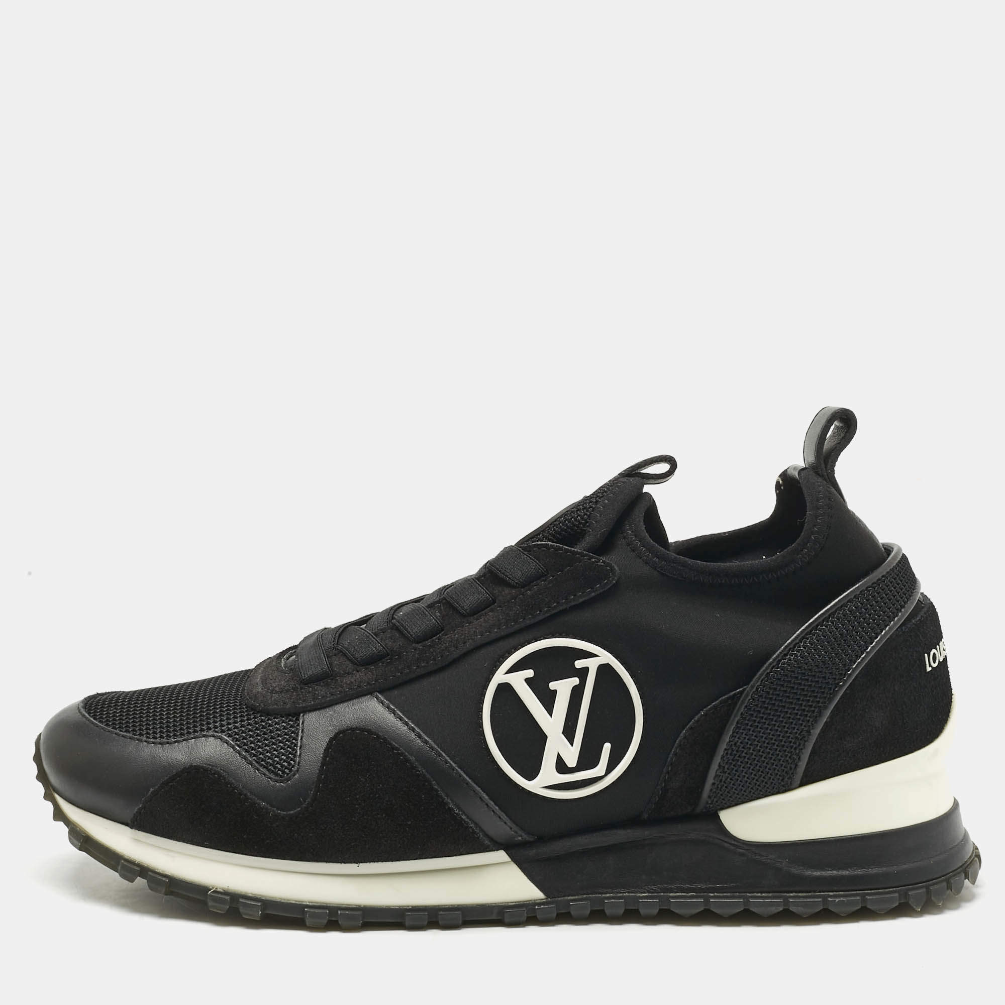 Pre Owned Louis Vuitton Black Neoprene and Suede Run Away Sneakers Size 38