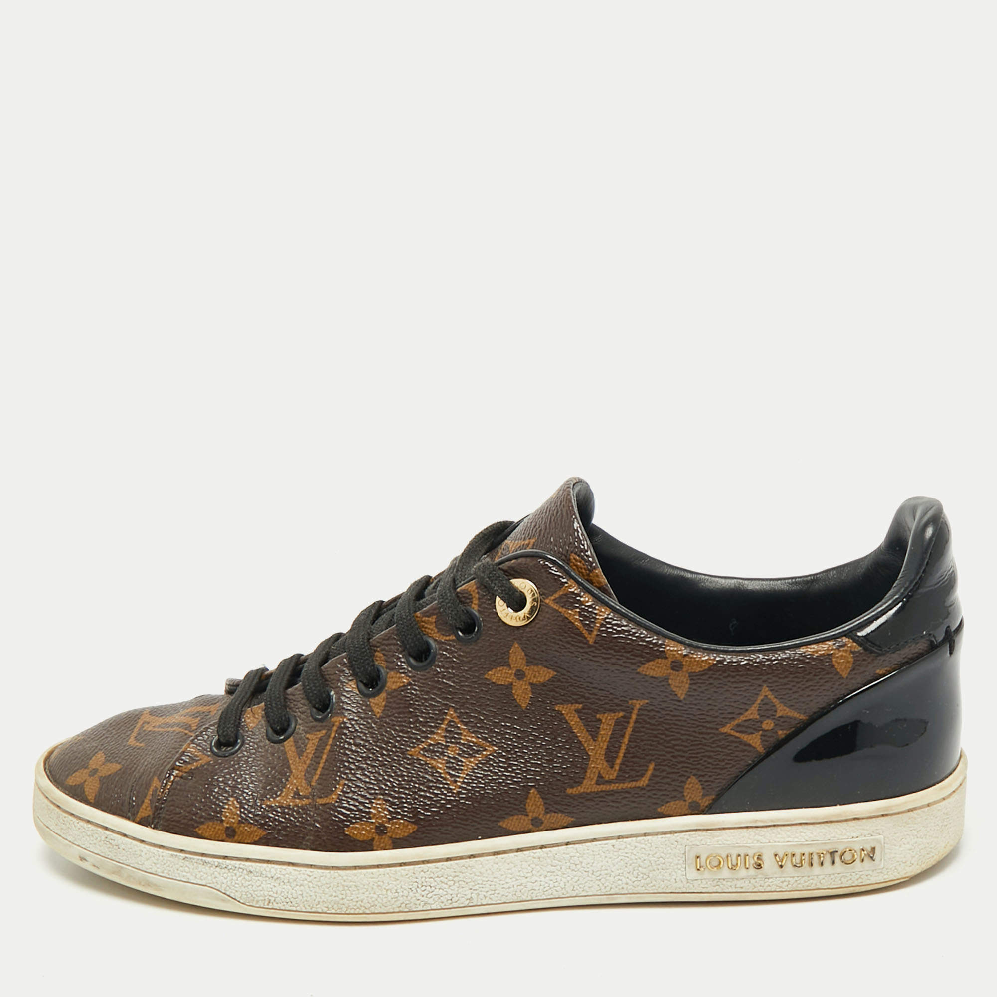 Pre Owned Louis Vuitton Brown/Black Monogram Canvas And Patent Leather Frontrow Low Top Sneakers Size 38