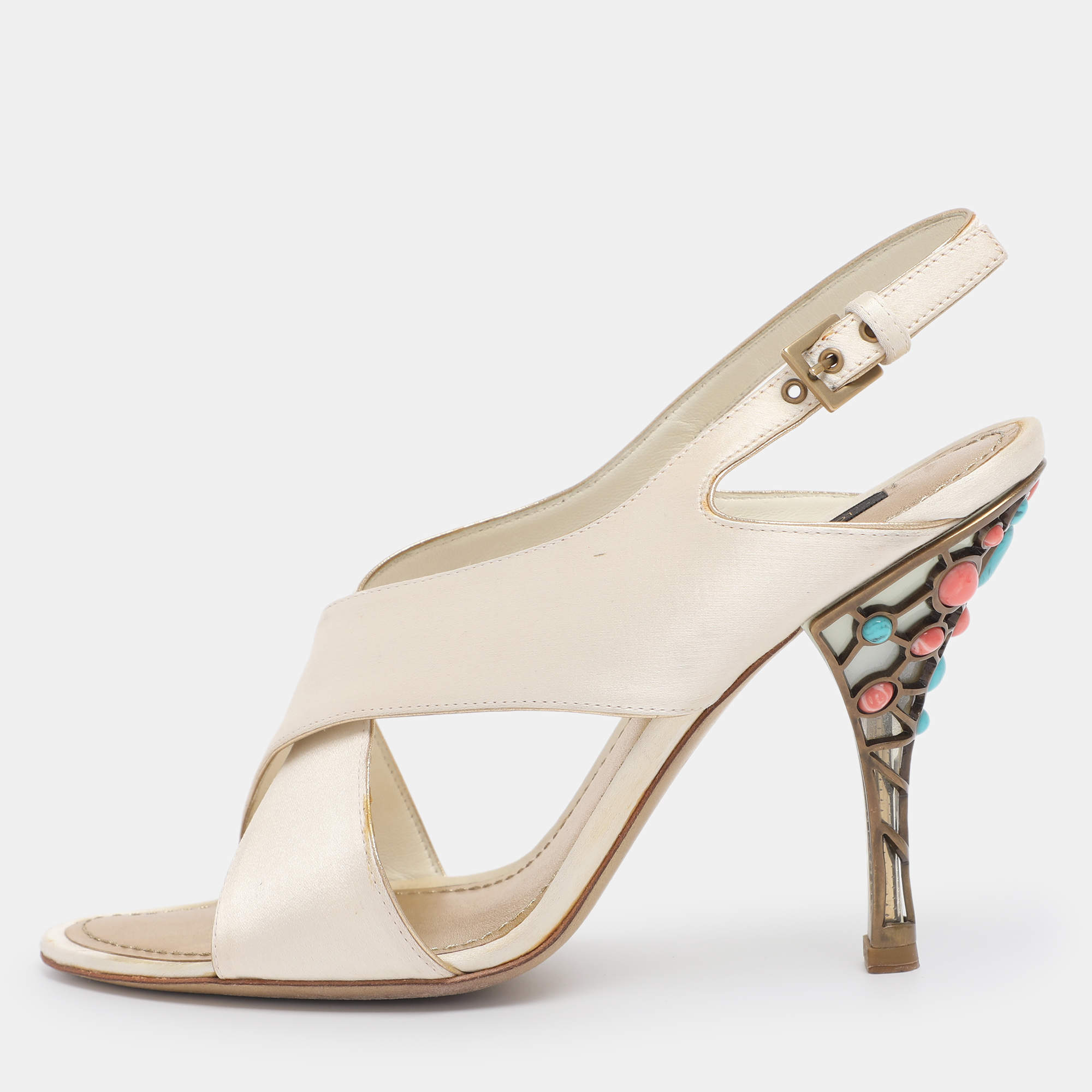 Pre Owned Louis Vuitton Cream Satin Cross Strap Embellished Heel Slingback Sandals Size 38.5