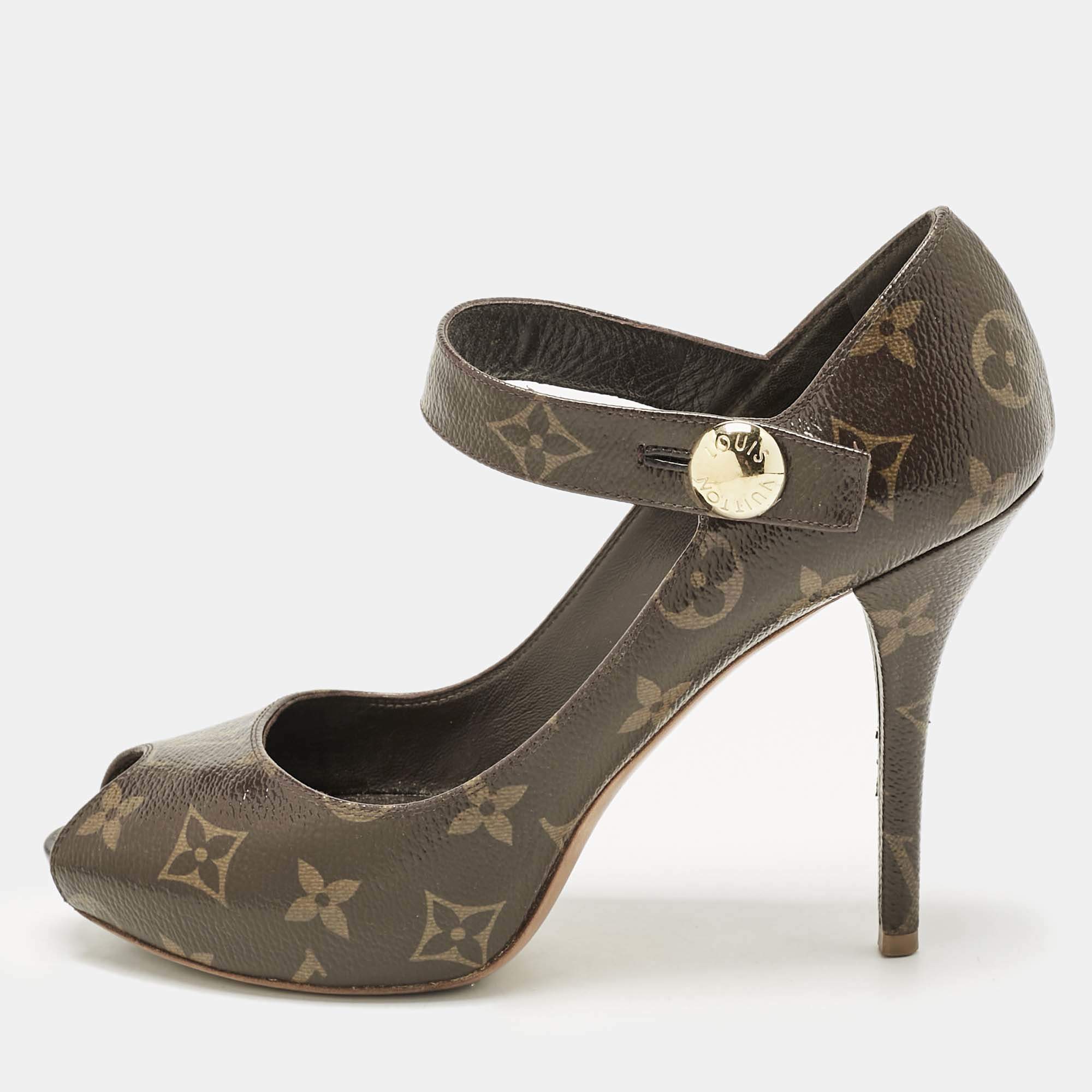 Pre Owned Louis Vuitton Brown Monogram Canvas Ritual Mary Jane Peep Toe Pumps Size 37.5