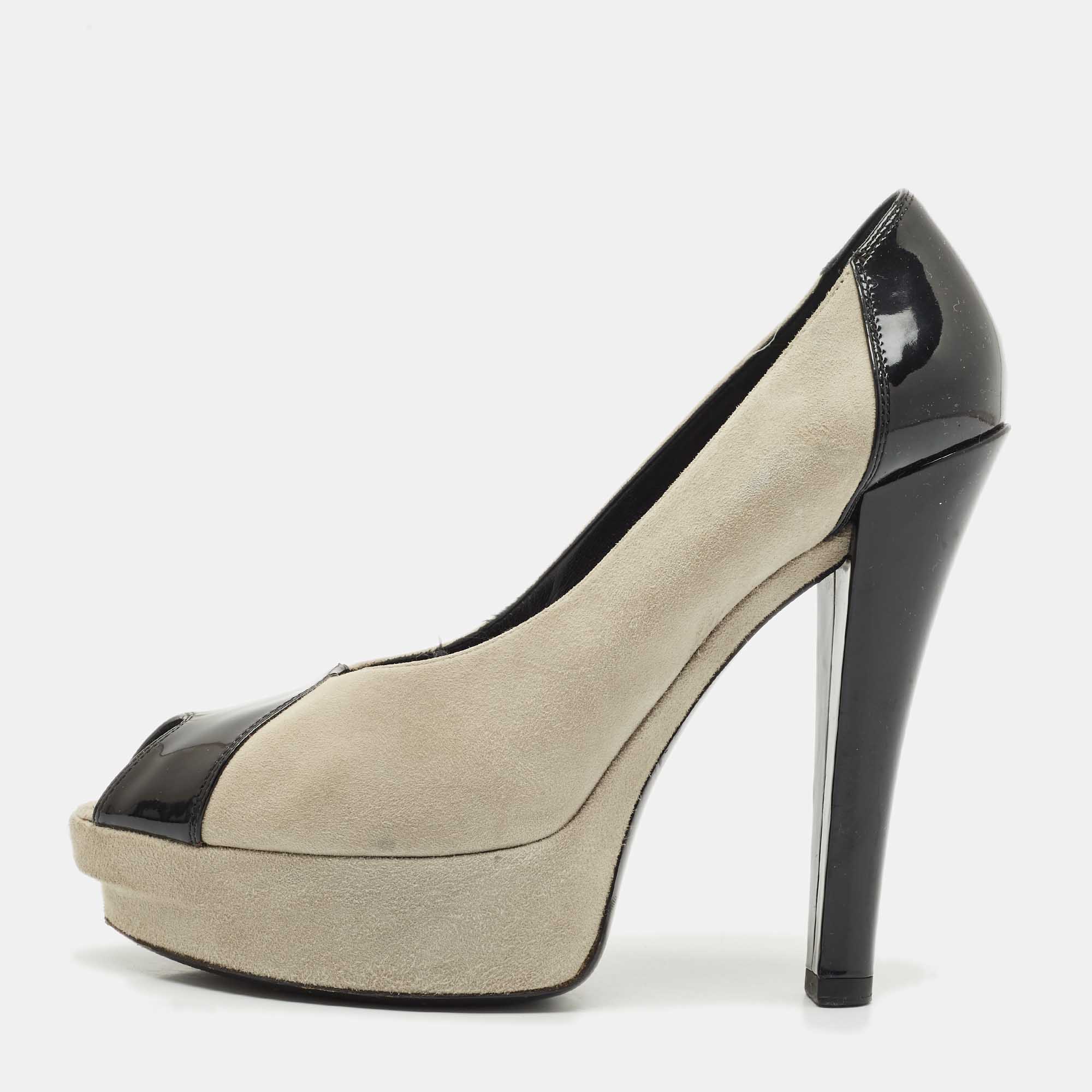 Pre Owned Louis Vuitton Grey/Black Suede And Patent Leather Peep Toe Platform Pumps Size 39