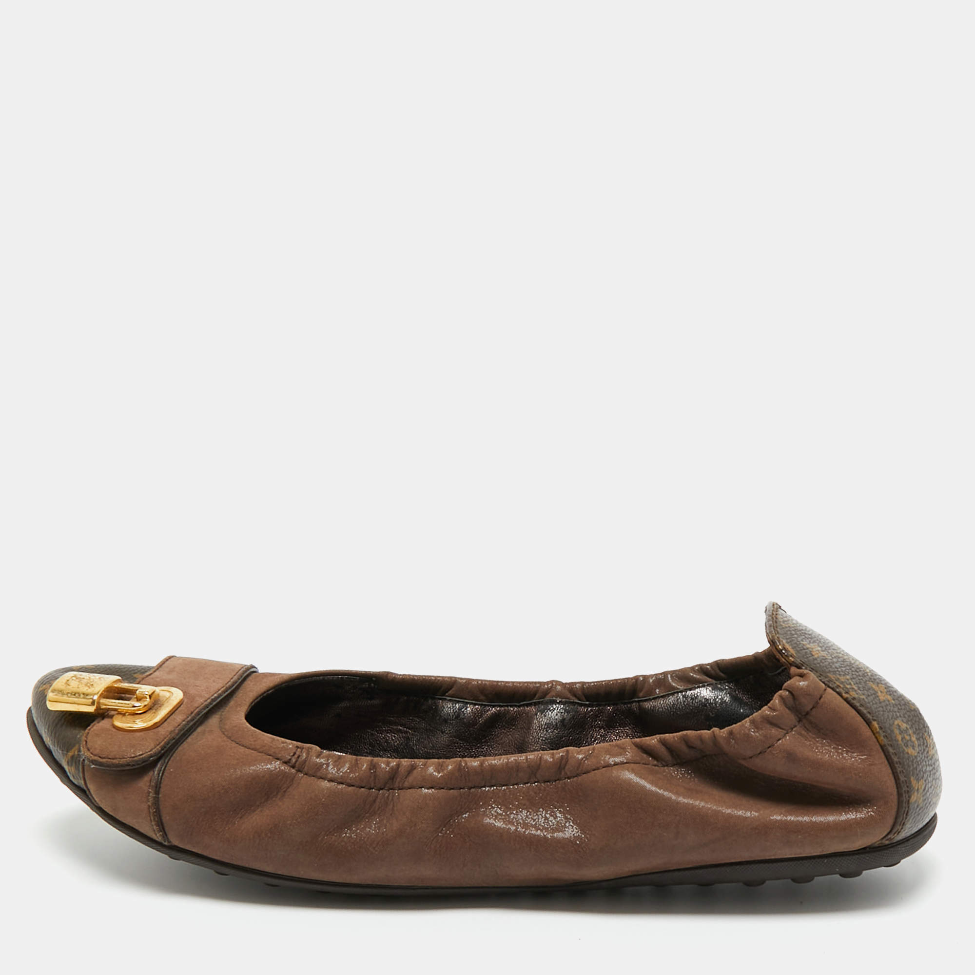Pre Owned Louis Vuitton Brown Monogram Canvas and Shimmer Leather Lucky Ballet Flats Size 39