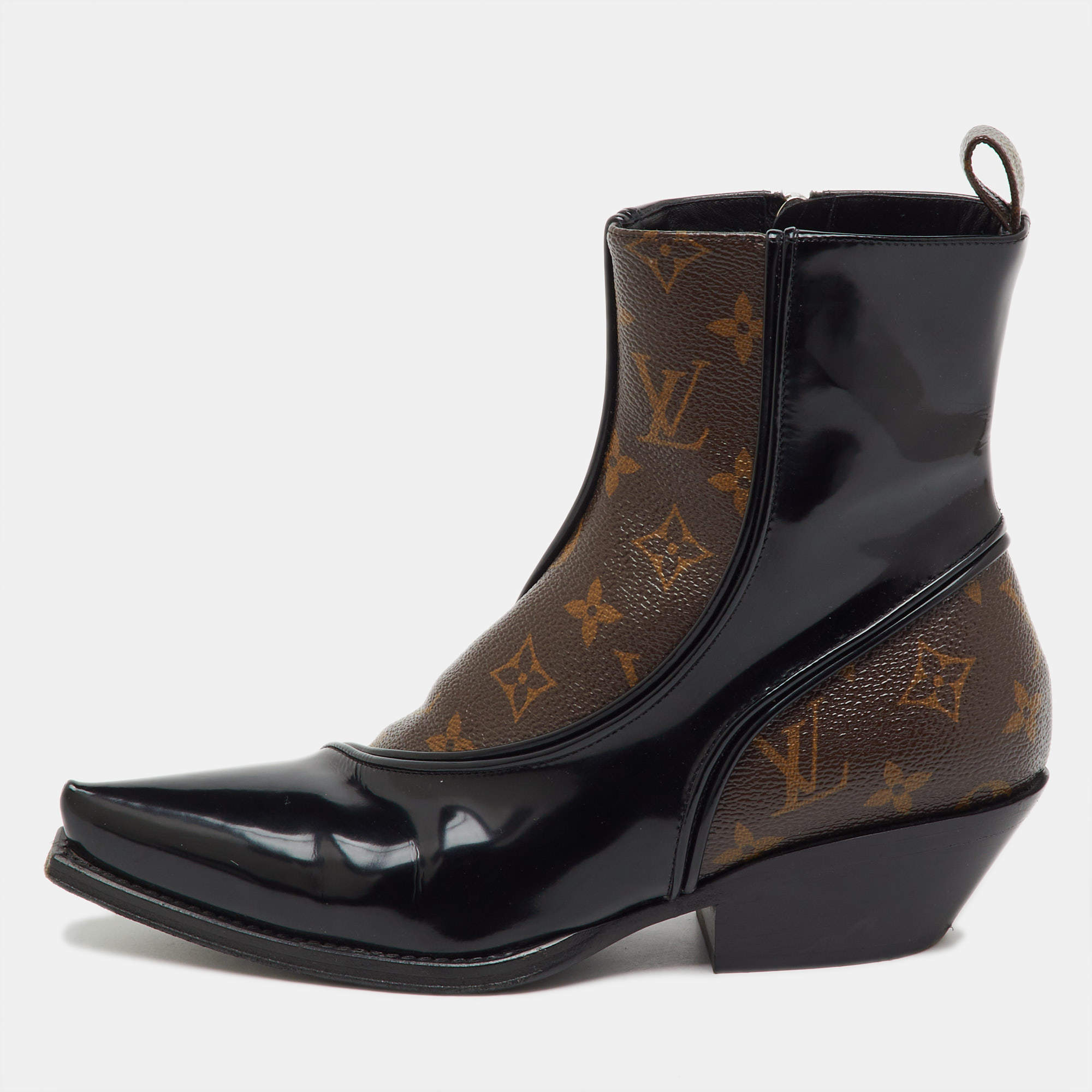 Pre Owned Louis Vuitton Black Patent Leather and Monogram Canvas Matador Ankle Boots Size 36