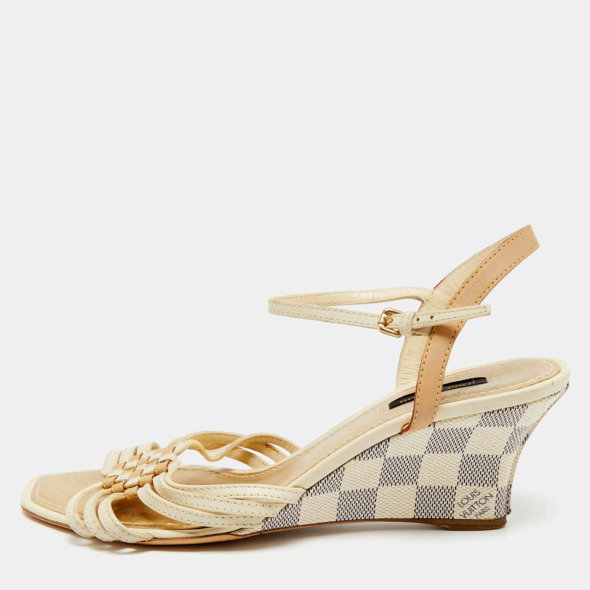 Pre Owned Louis Vuitton Cream Leather and Monogram Canvas Slingback Wedge Sandals Size 39.5