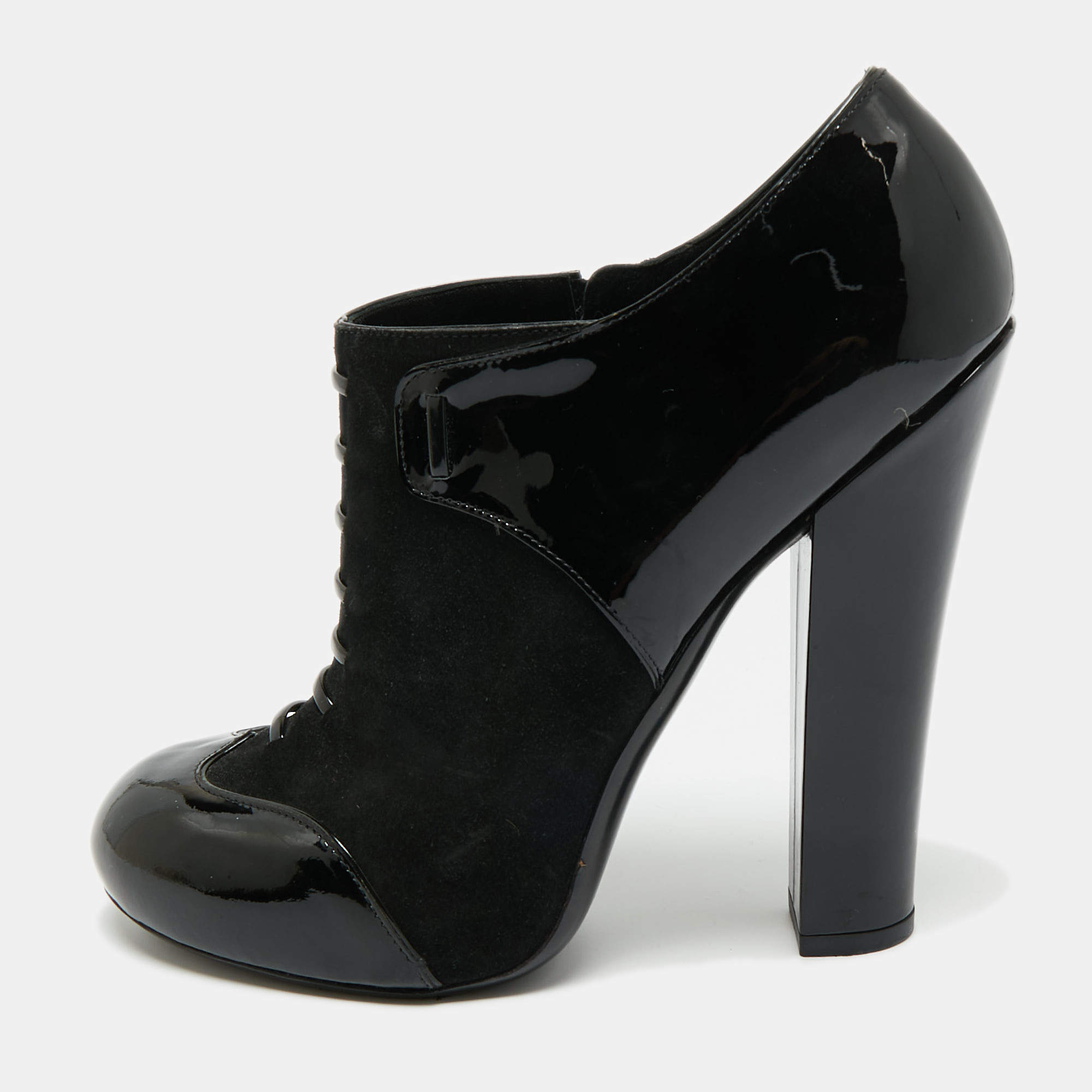 Pre Owned Louis Vuitton Black Patent Leather and Suede Ankle Booties Size 40.5