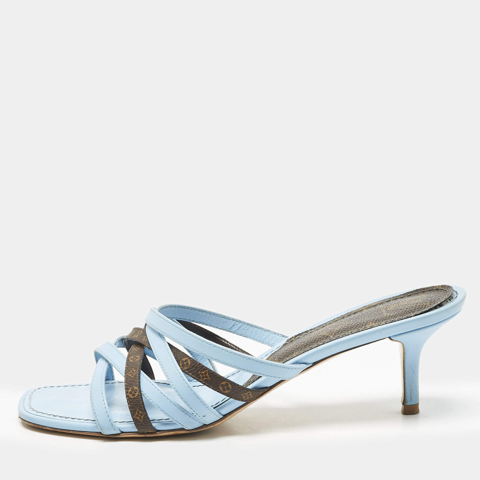 Pre Owned Louis Vuitton Blue/Brown Monogram Canvas and Leather Slide Sandals Size 37