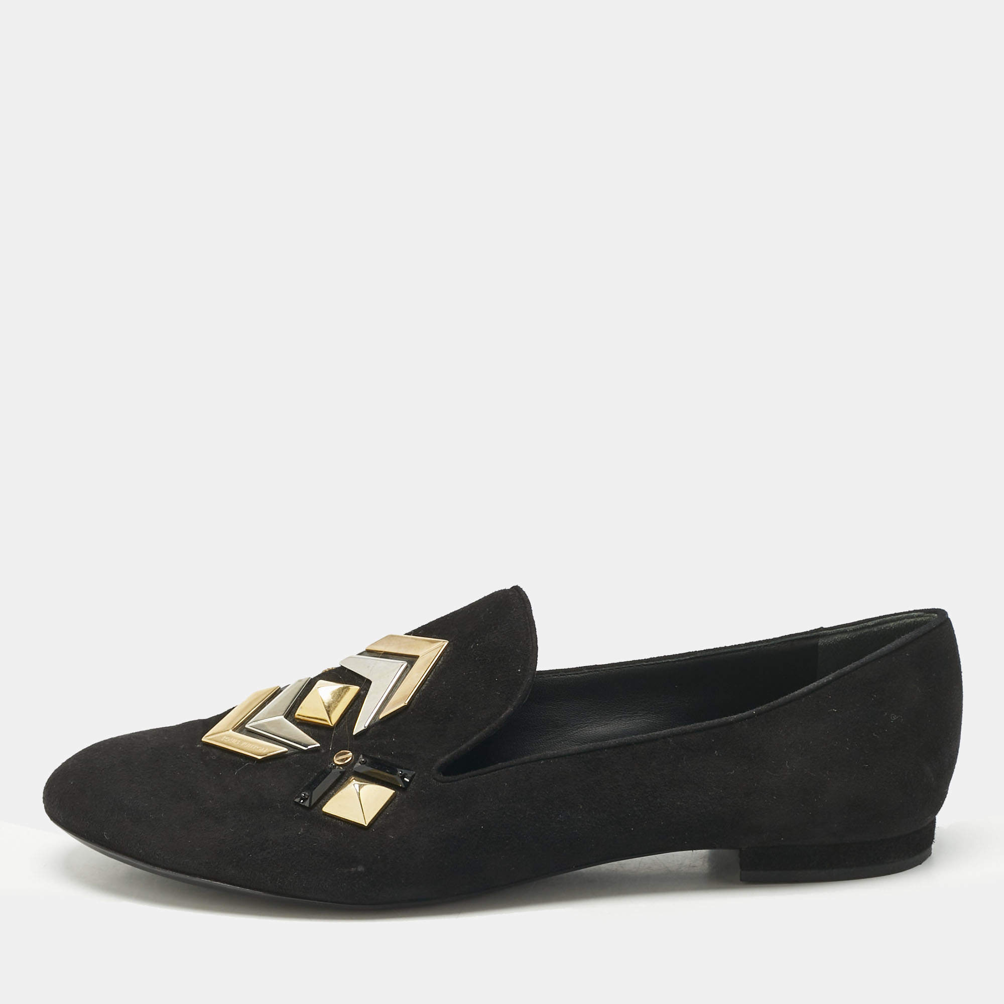 Pre Owned Louis Vuitton Black Suede Stud Embellished Smoking Slippers Size 39.5