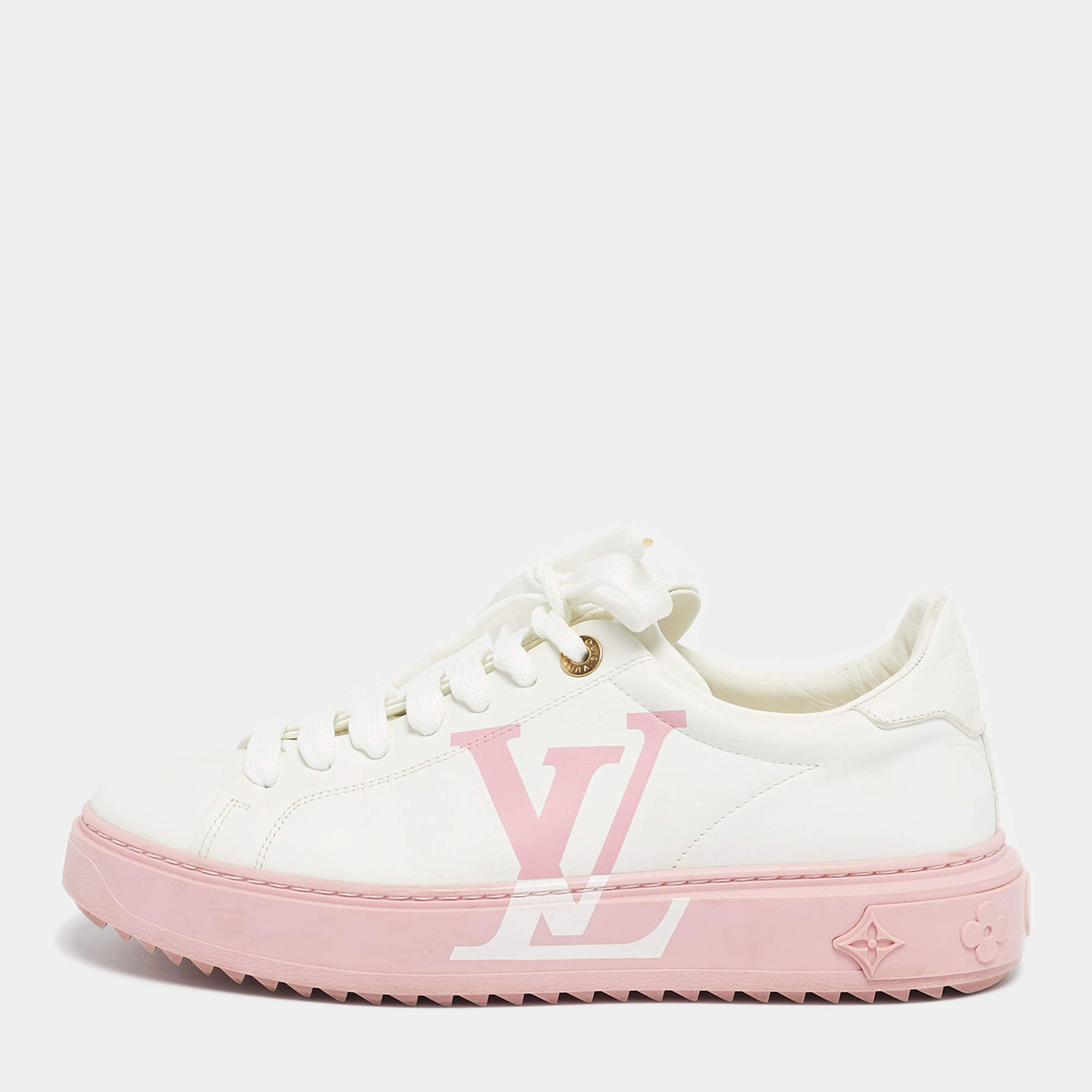 مملوكة مسبقًا حذاء رياضي لويس فيتون جلد أبيض ووردي برباط علوي مقاس 39