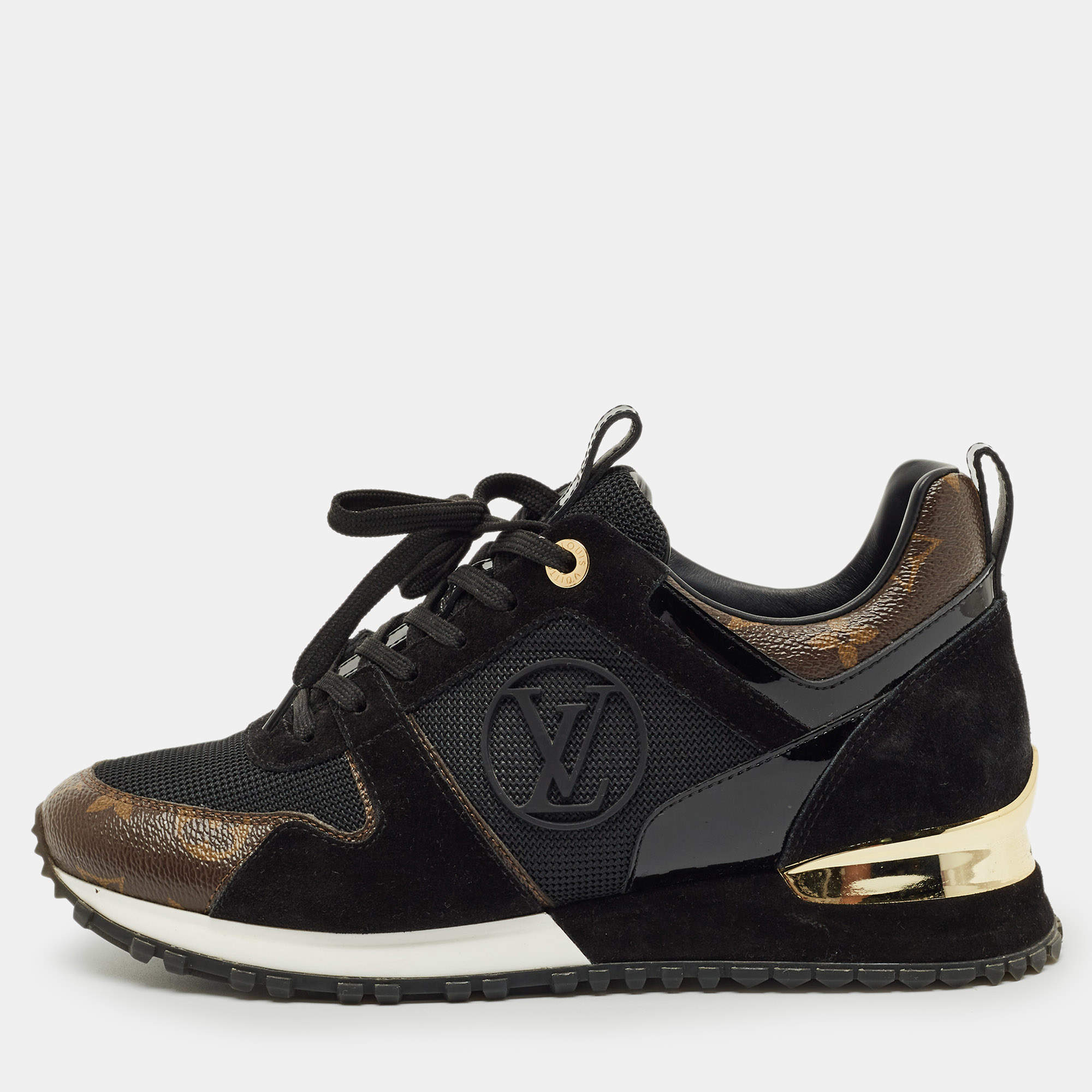 Pre Owned Louis Vuitton Brown/Black Monogram Canvas and Suede Run Away Sneakers Size 38