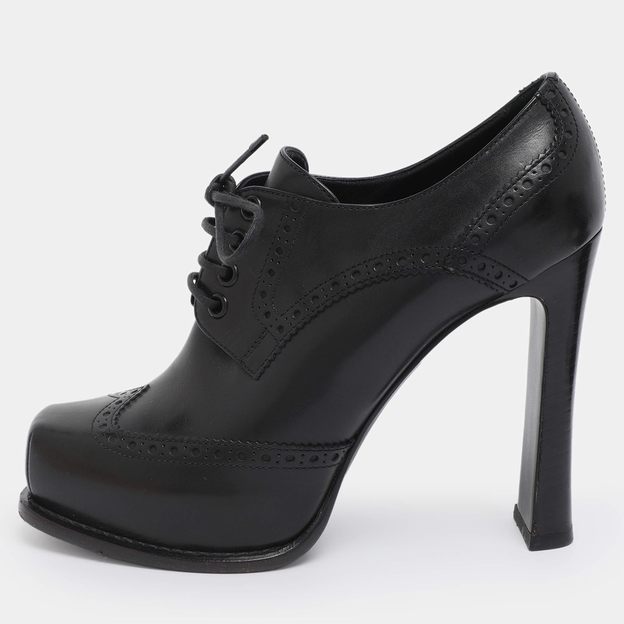 Pre Owned Louis Vuitton Black Leather Brogue Derby Lace Up Platform Booties Size 38.5
