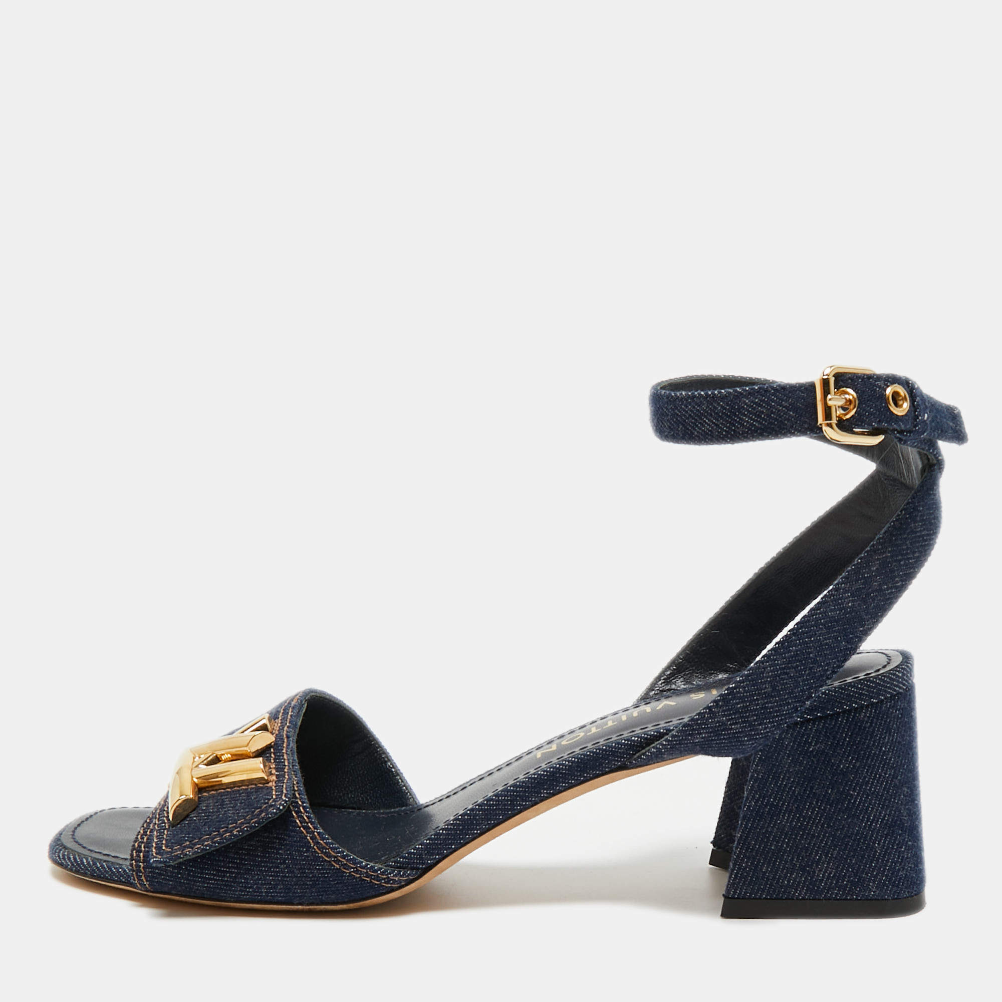 Pre Owned صندل لوي فيتون شاكي دينيم أزرق كحلي بحزام للكاحل مقاس 39