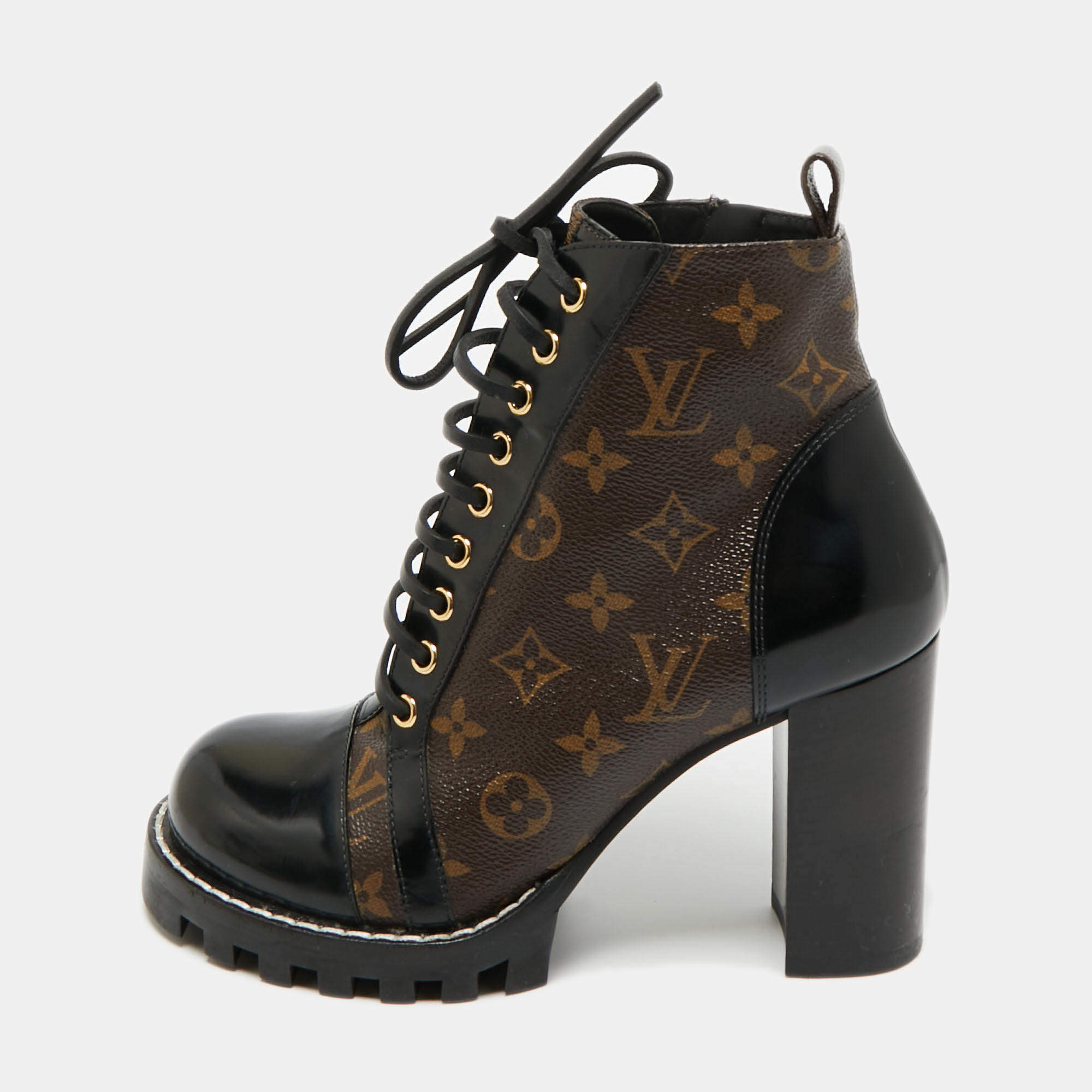 Pre Owned Louis Vuitton Brown/Black Monogram Canvas and Leather Star Trail Ankle Length Boots Size 39