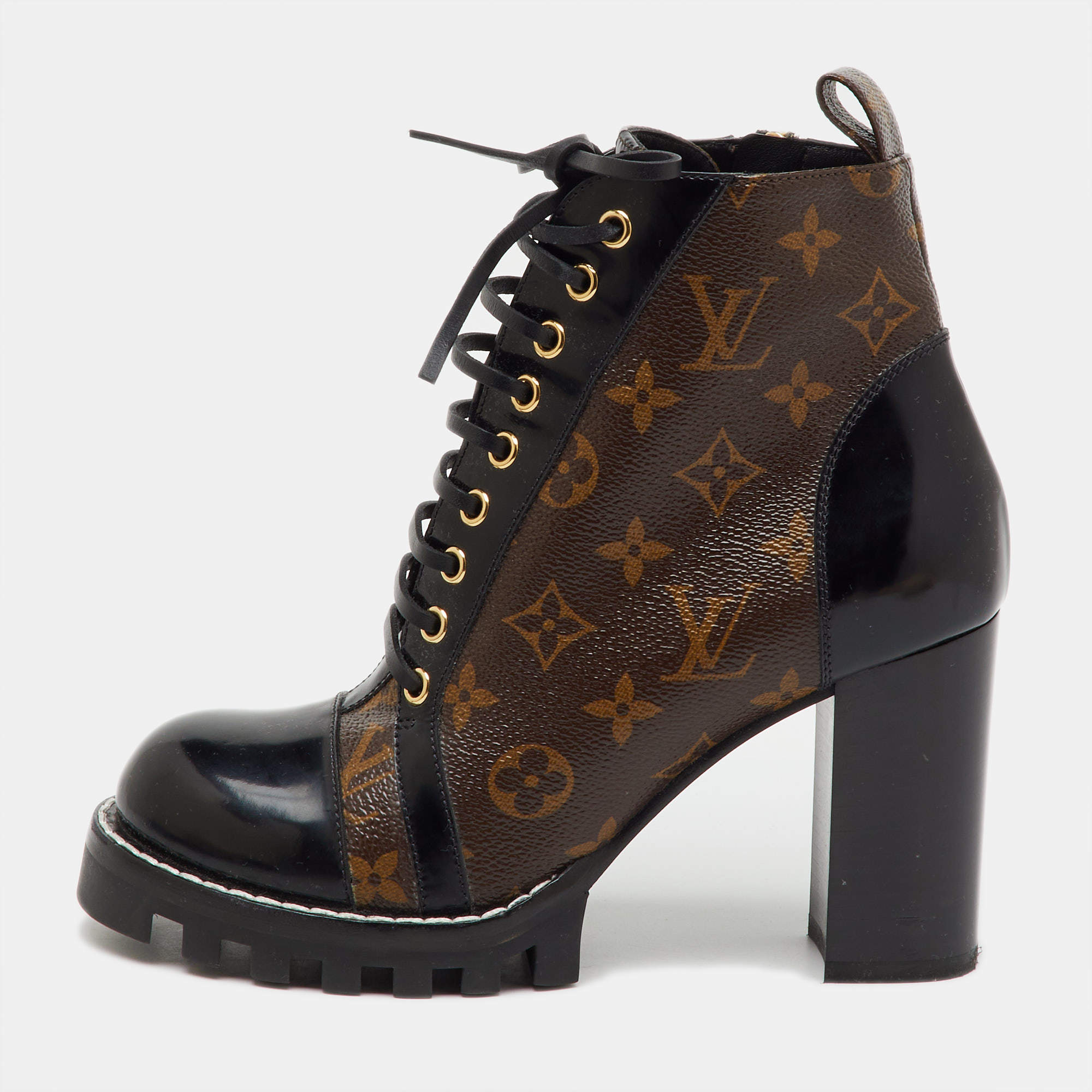 Pre Owned Louis Vuitton Brown/Black Monogram Canvas and Patent Leather Star Trail Ankle Boot Size 38.5